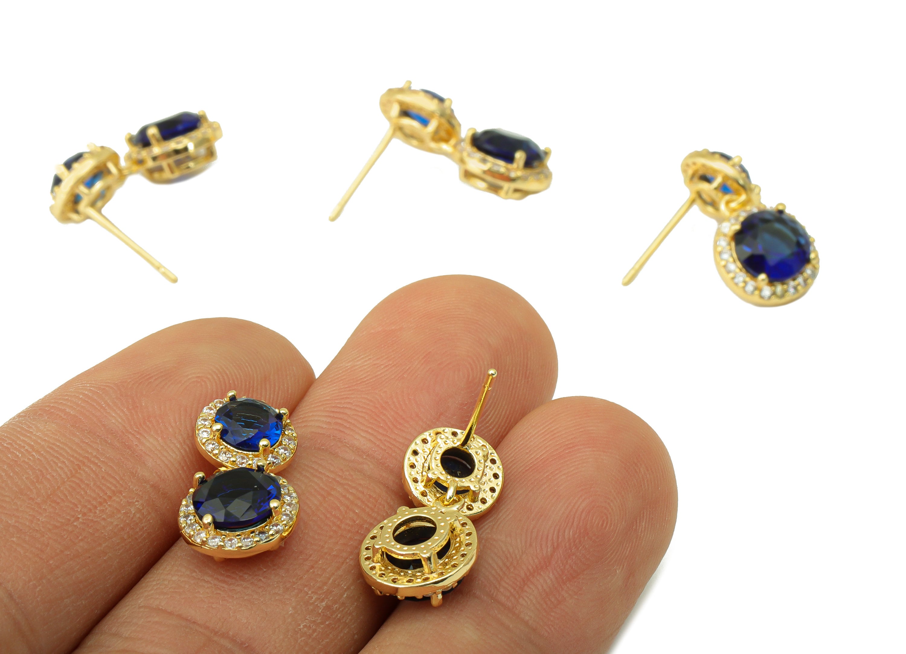 Brass Blue Earring Stud - Brass Round Earring Post - Double Earring Post -Cubic Zirconia Stud -18K Real Gold Plated - 18.17x10x5mm- RGP6408 - DOMEDBAZAAR