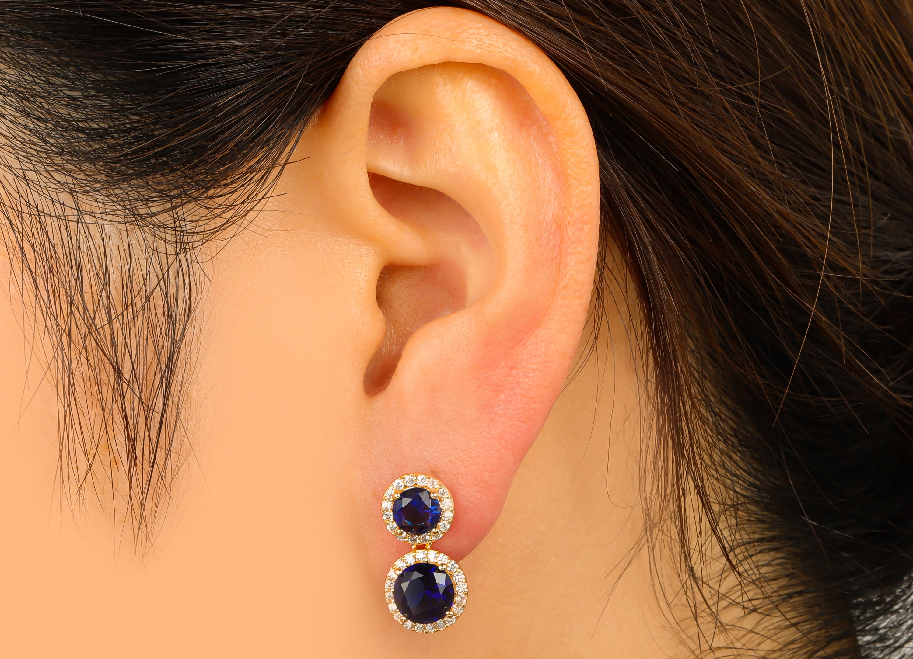 Brass Blue Earring Stud - Brass Round Earring Post - Double Earring Post -Cubic Zirconia Stud -18K Real Gold Plated - 18.17x10x5mm- RGP6408 - DOMEDBAZAAR