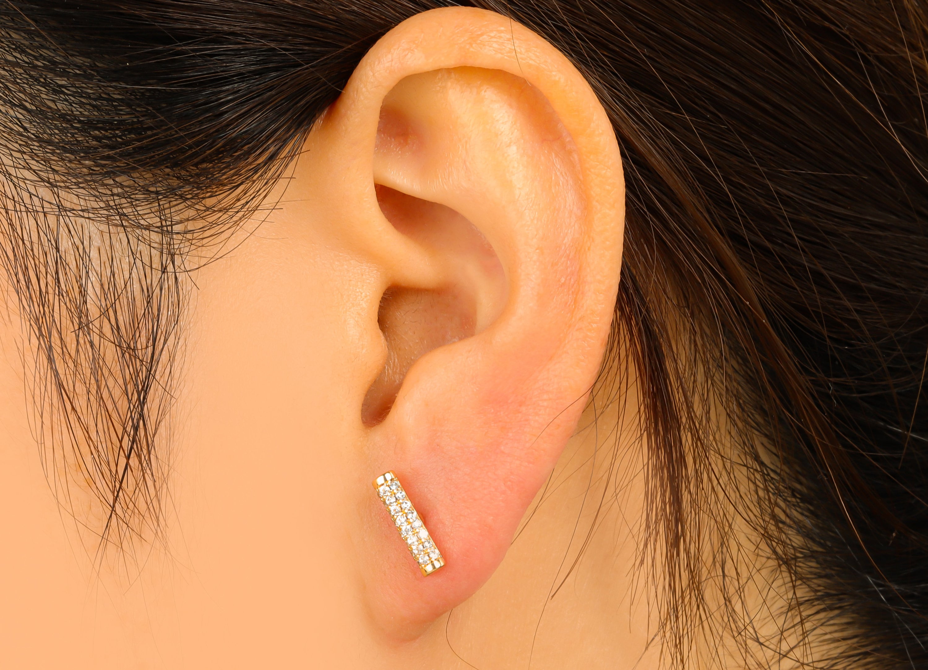 Brass Bar Earring Stud - Brass Cylinder Earring Post - Geometry Earring Post -Cubic Zirconia Stud -18K Real Gold Plated - 12x3x2mm- RGP6407 - DOMEDBAZAAR