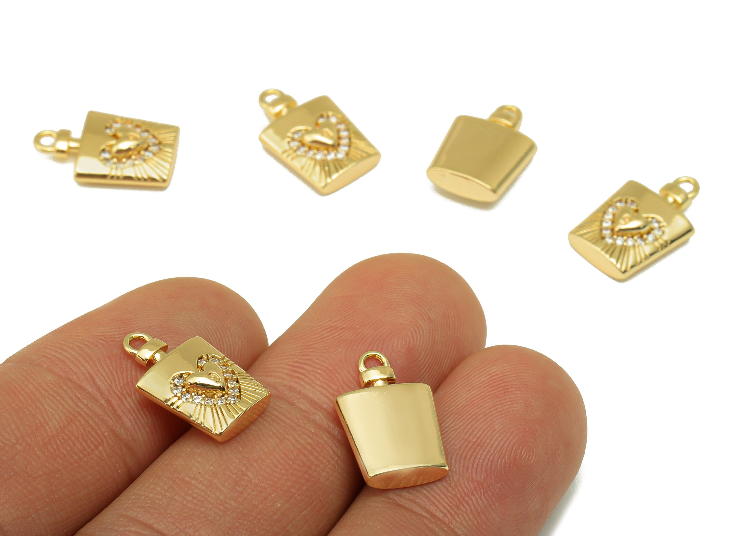 Brass Flagon Earring - Brass Cubic Zirconia Heart Pendant - CZ Textured Perfume Necklace -18K Real Gold Plated - 15x 9.85x3.89mm- RGP6516 - DOMEDBAZAAR