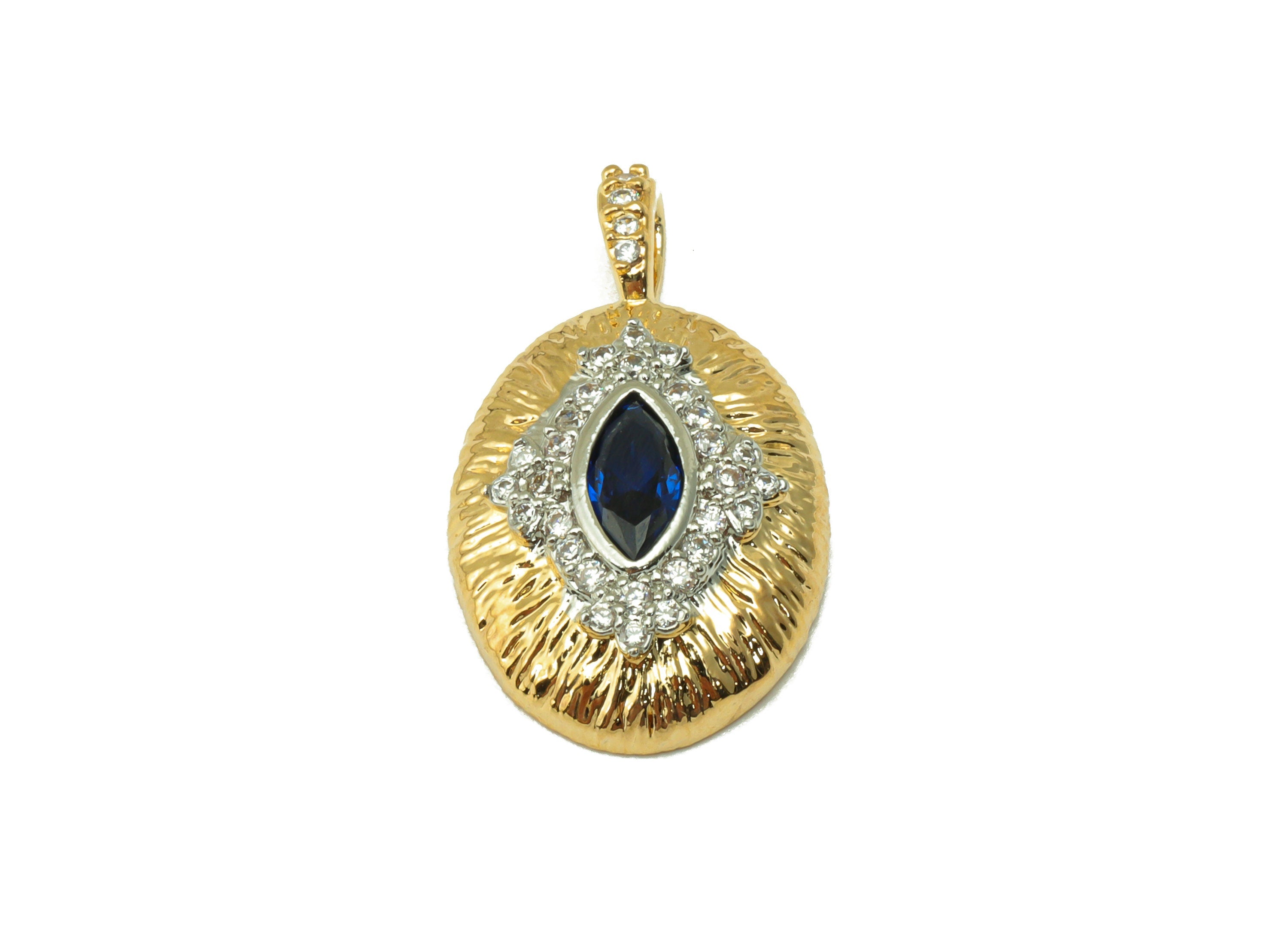 Brass Ellipse Earring -Cubic Zircon Textured Charm - Eye Marquise Oval Pendant - For Necklace- 18K Real Gold Plated - 23.6x14x1.8mm- RGP6543 - DOMEDBAZAAR