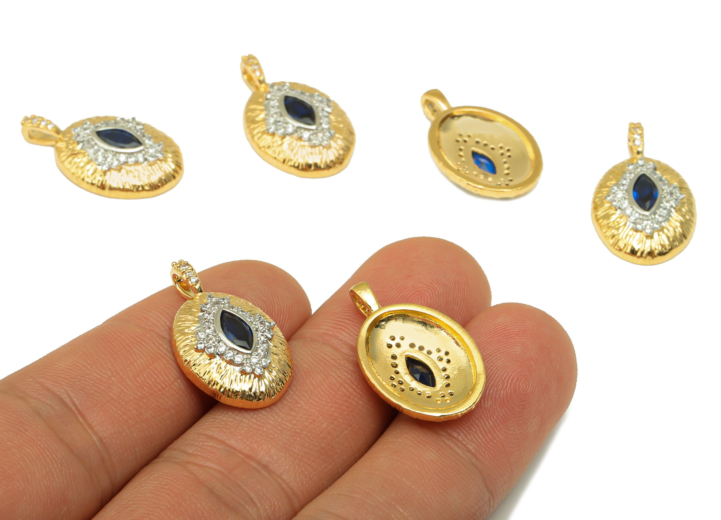 Brass Ellipse Earring -Cubic Zircon Textured Charm - Eye Marquise Oval Pendant - For Necklace- 18K Real Gold Plated - 23.6x14x1.8mm- RGP6543 - DOMEDBAZAAR