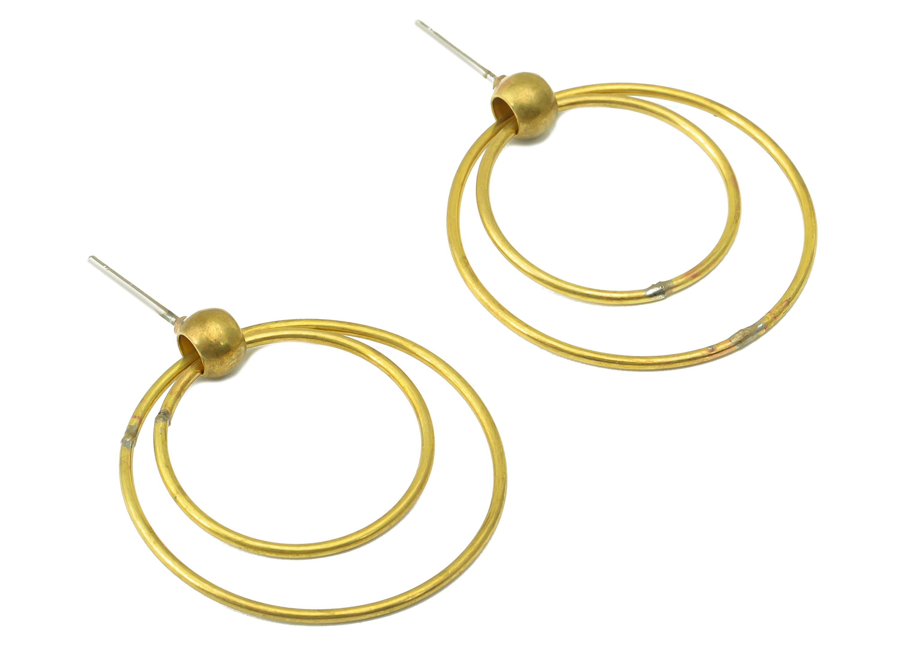Hoop Ball Stud Earring - Raw Brass Earring Post - Double Ring Earring Post - Rings Ball Stud Earring - Jewelry Supplies - 27x26x1mm - PP8420 - DOMEDBAZAAR