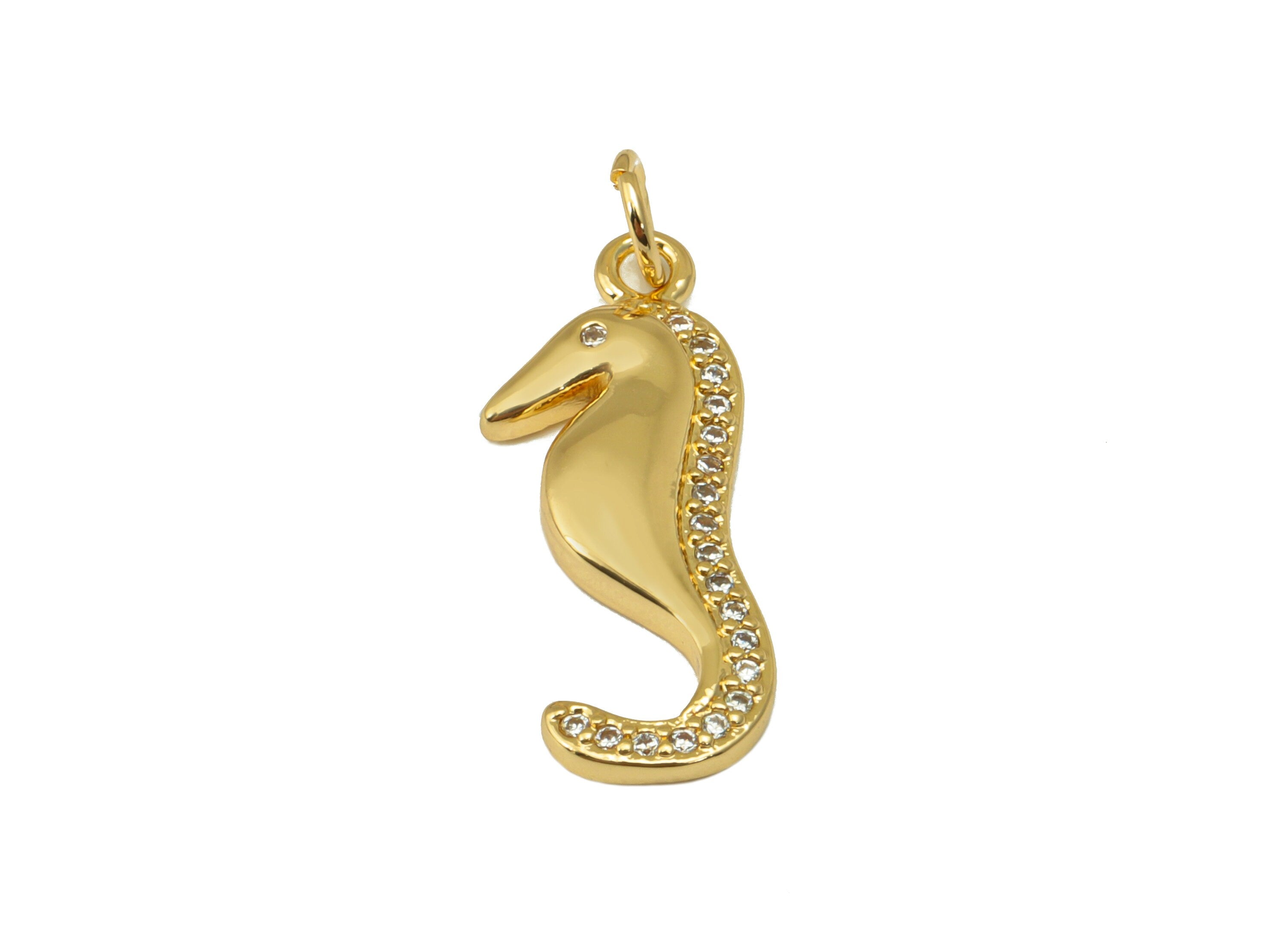 Brass Seahorse Earring Charms - Seahorse Cubic Zirconia With Hoop - For Necklace - 18K Real Gold Plated - 26.2 x 9.12x 2.7mm- RGP6672 - DOMEDBAZAAR