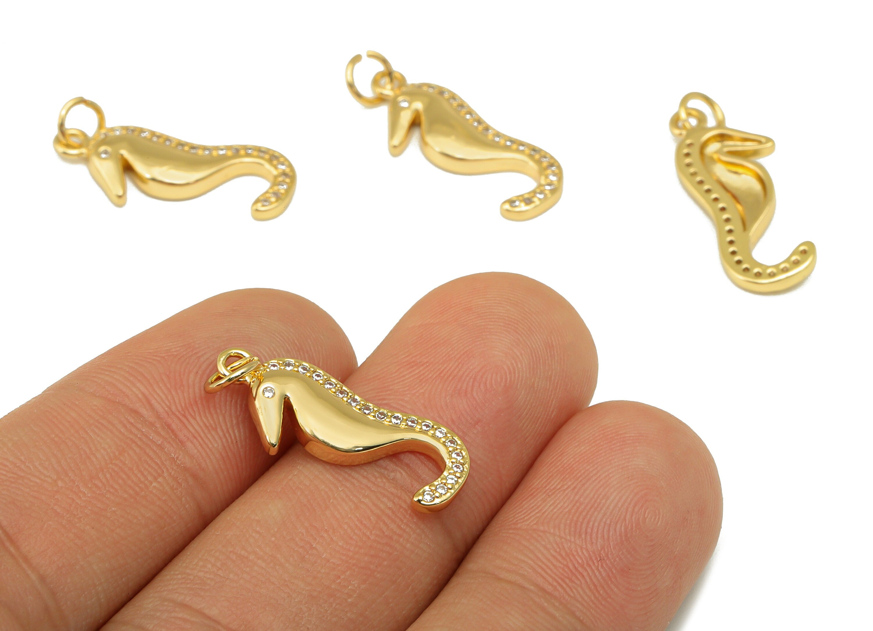 Brass Seahorse Earring Charms - Seahorse Cubic Zirconia With Hoop - For Necklace - 18K Real Gold Plated - 26.2 x 9.12x 2.7mm- RGP6672 - DOMEDBAZAAR