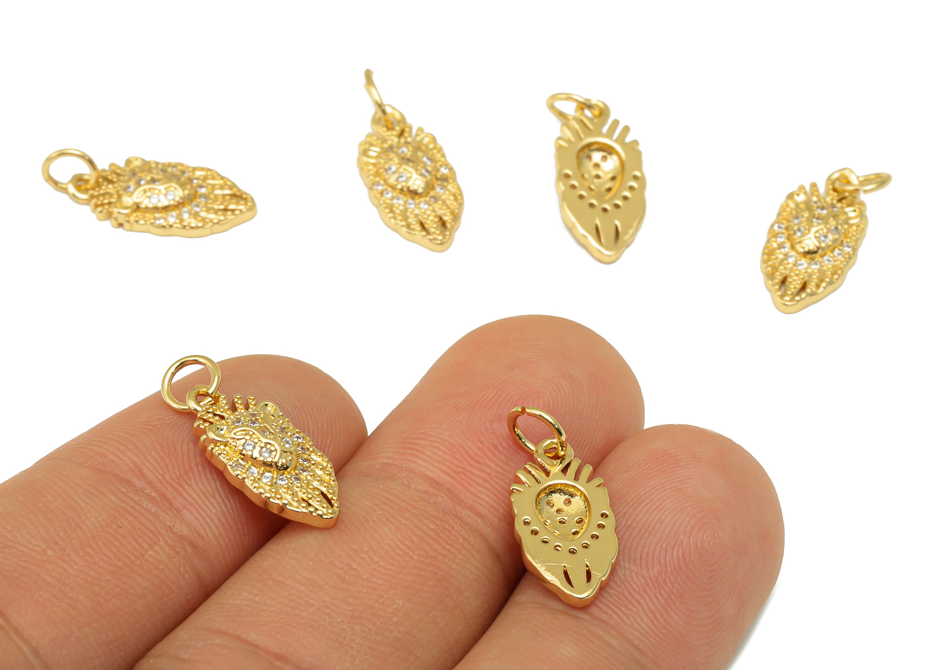 Brass lion Earring - Brass Cubic Zirconia Lion Pendant - CZ Animal For Necklace - 18K Real Gold Plated - 19.55x7.71x2.64mm - RGP6674 - DOMEDBAZAAR