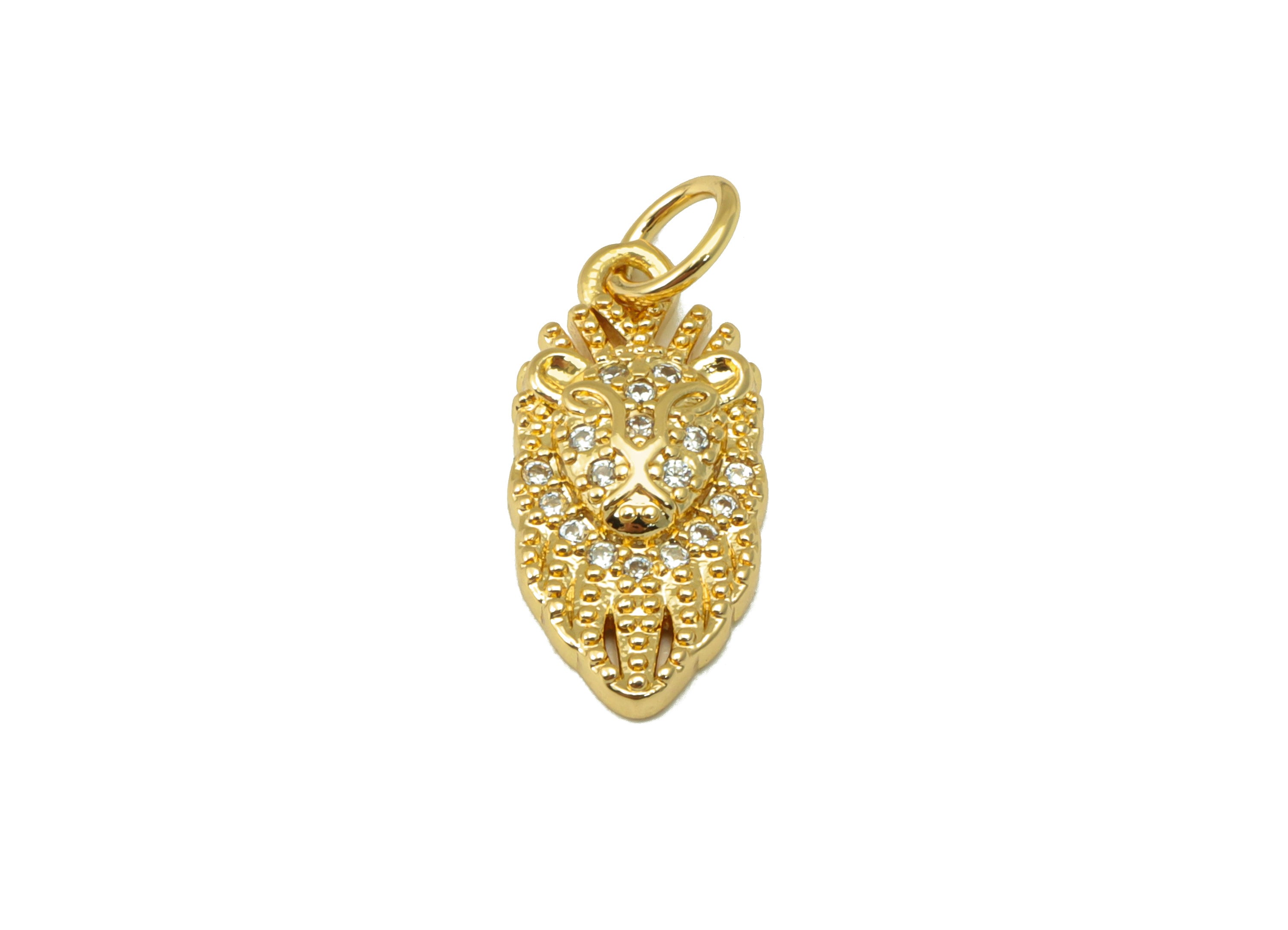 Brass lion Earring - Brass Cubic Zirconia Lion Pendant - CZ Animal For Necklace - 18K Real Gold Plated - 19.55x7.71x2.64mm - RGP6674 - DOMEDBAZAAR