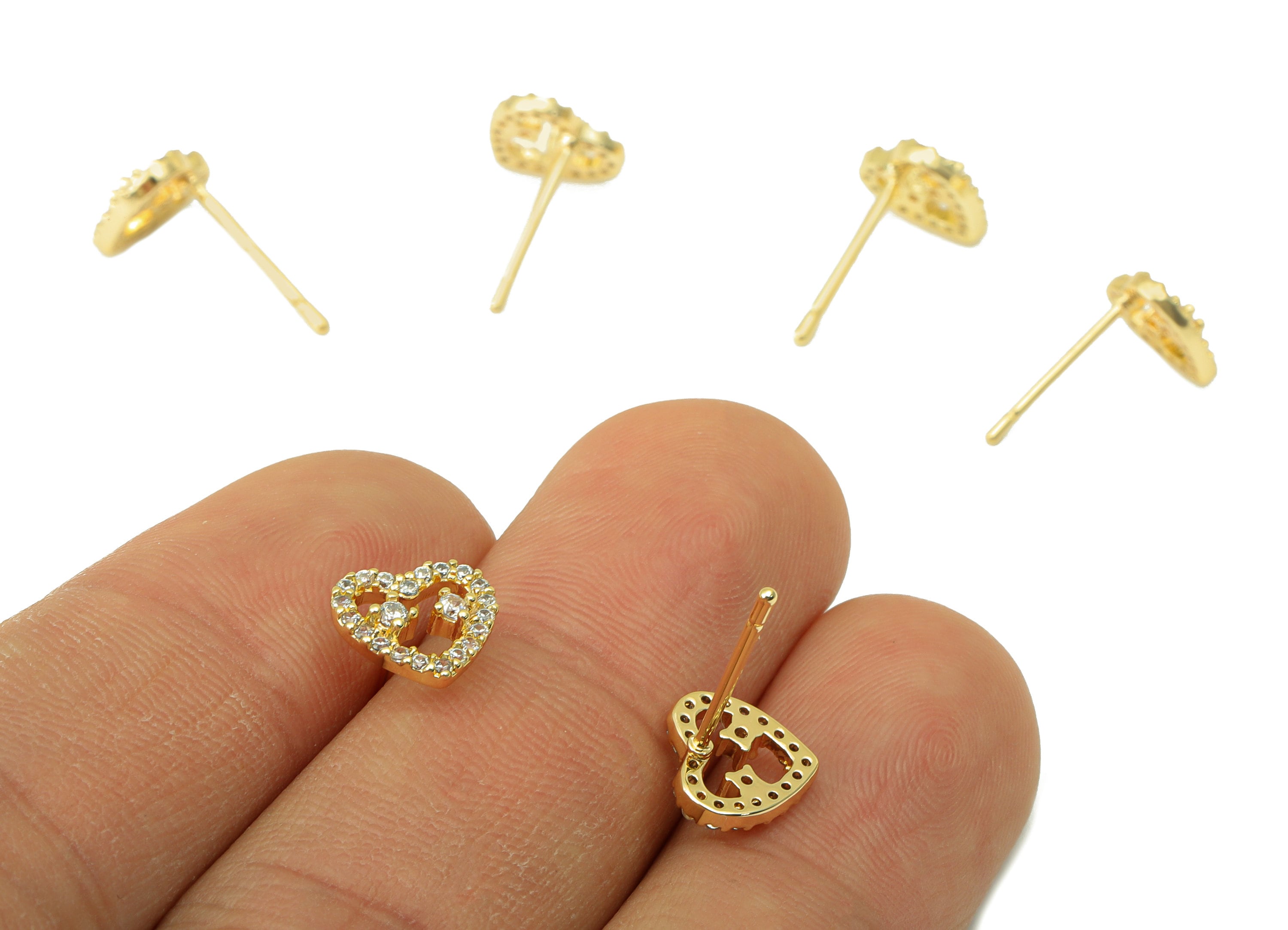Brass Heart Earring Stud - Brass Stars Heart Earring Post -Cubic Zirconia Earring Post -18K Real Gold Plated - 8.16x8.87x 2.24mm- RGP6421 - DOMEDBAZAAR