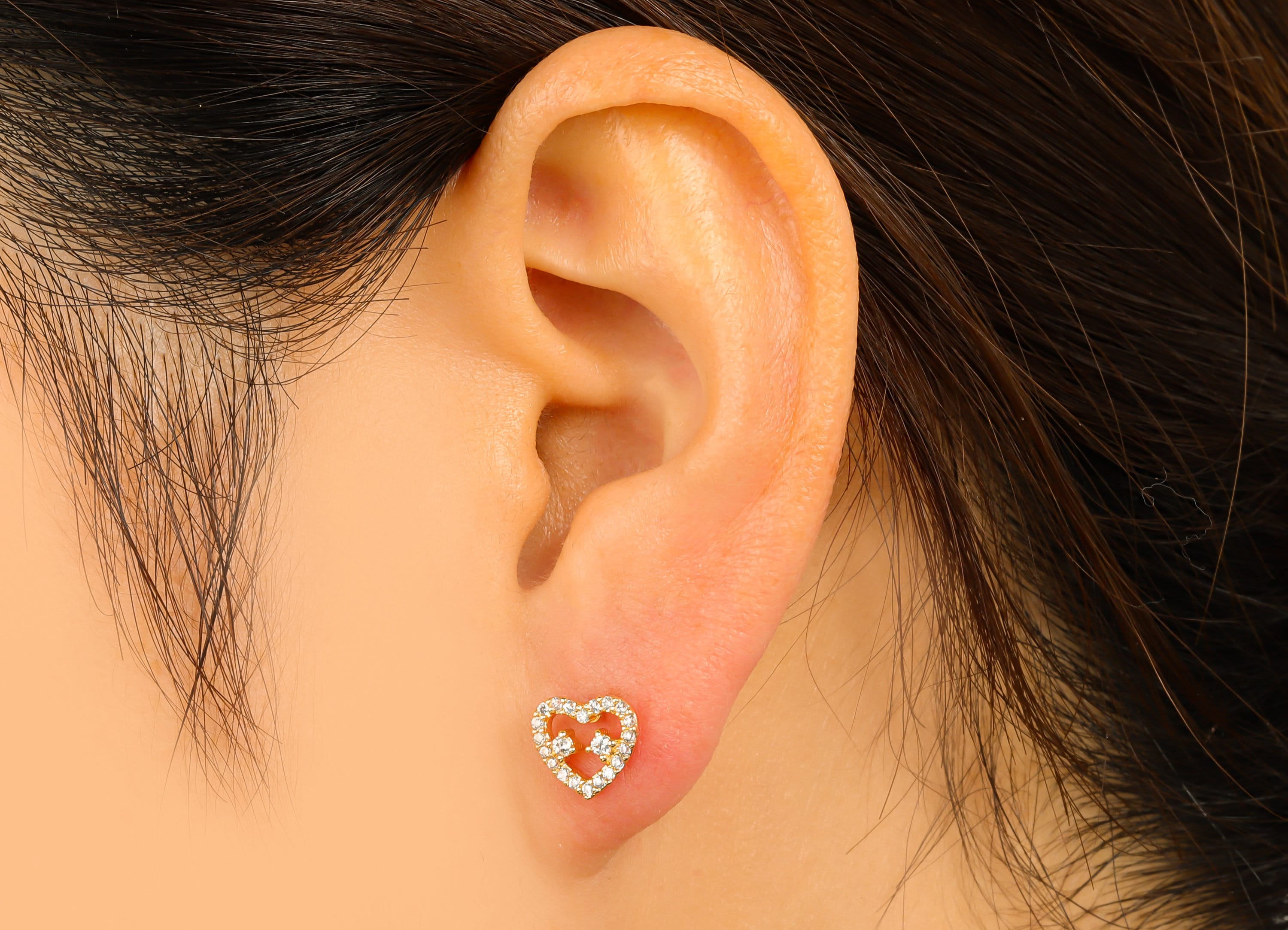 Brass Heart Earring Stud - Brass Stars Heart Earring Post -Cubic Zirconia Earring Post -18K Real Gold Plated - 8.16x8.87x 2.24mm- RGP6421 - DOMEDBAZAAR