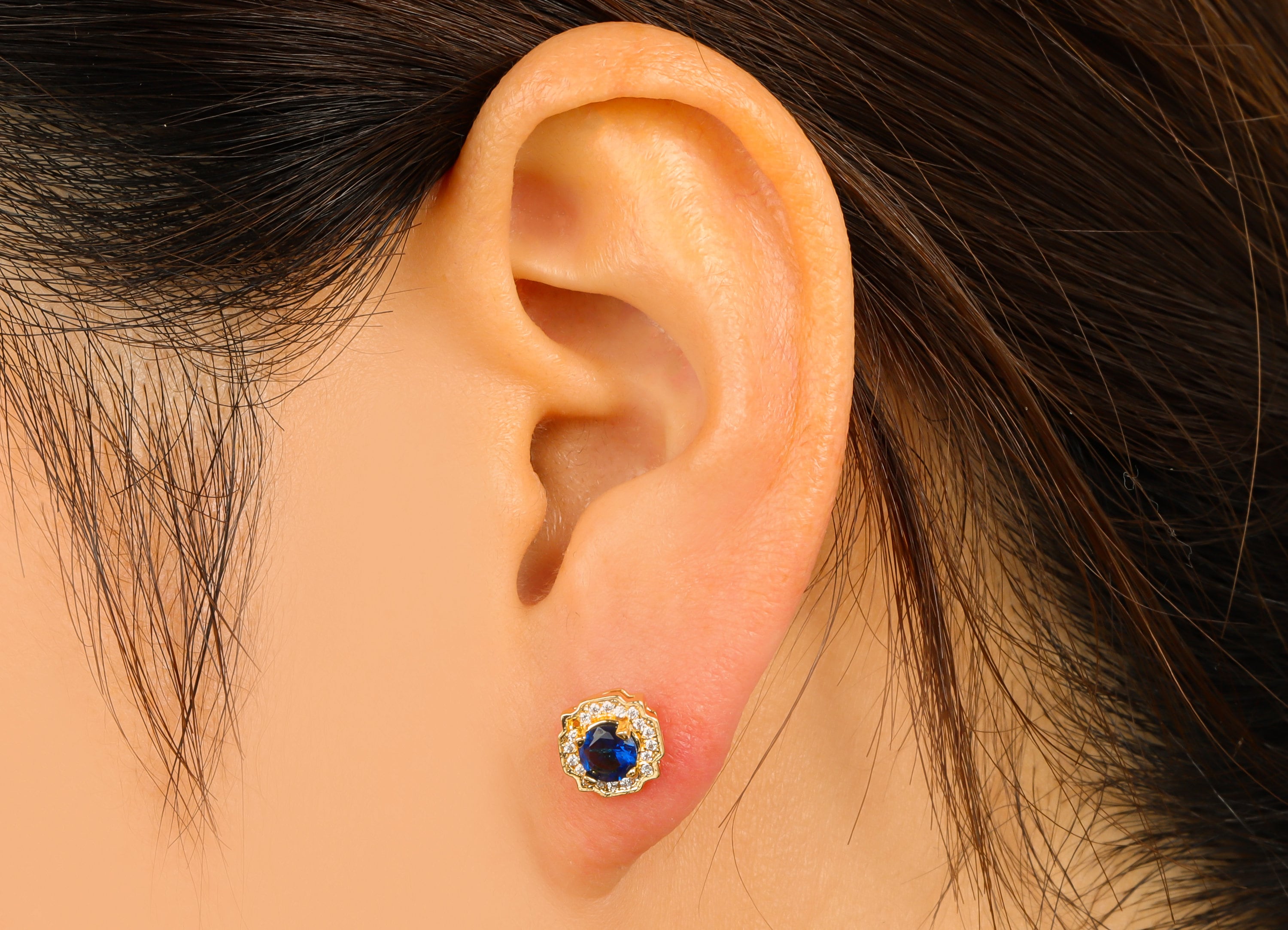Brass Blue Earring Stud - Brass Round Earring Post - Circle Earring Post -Cubic Zirconia Stud -18K Real Gold Plated - 8x8x5.01mm- RGP6442 - DOMEDBAZAAR