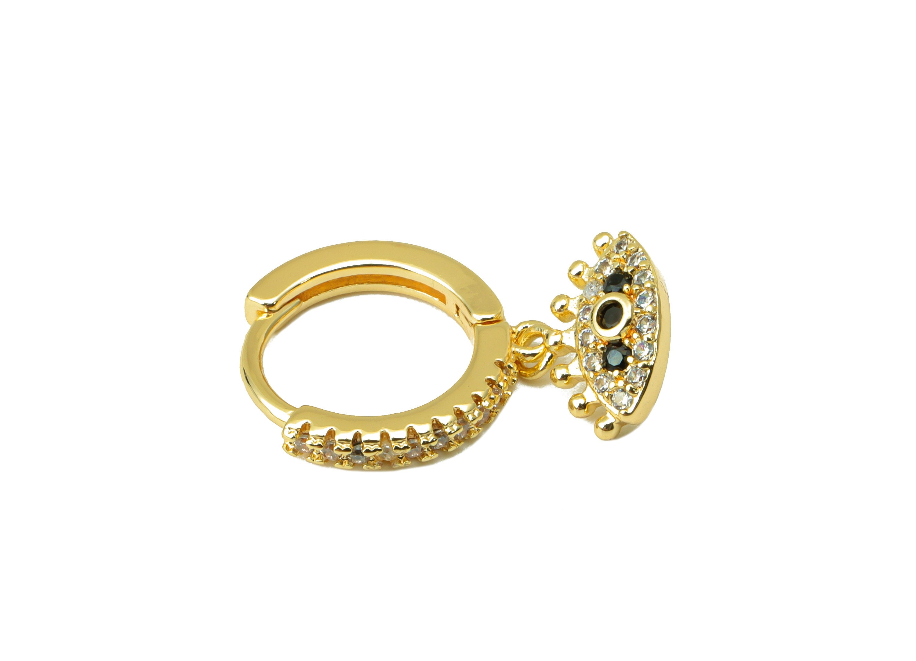 Brass Eye Clasp - Brass CZ Huggie Hoop Clasp - Cubic Zirconia Eyelash Hoop Clasp - 18K Real Gold Plated - 20.32x12.91x1.9mm- RGP6458 - DOMEDBAZAAR