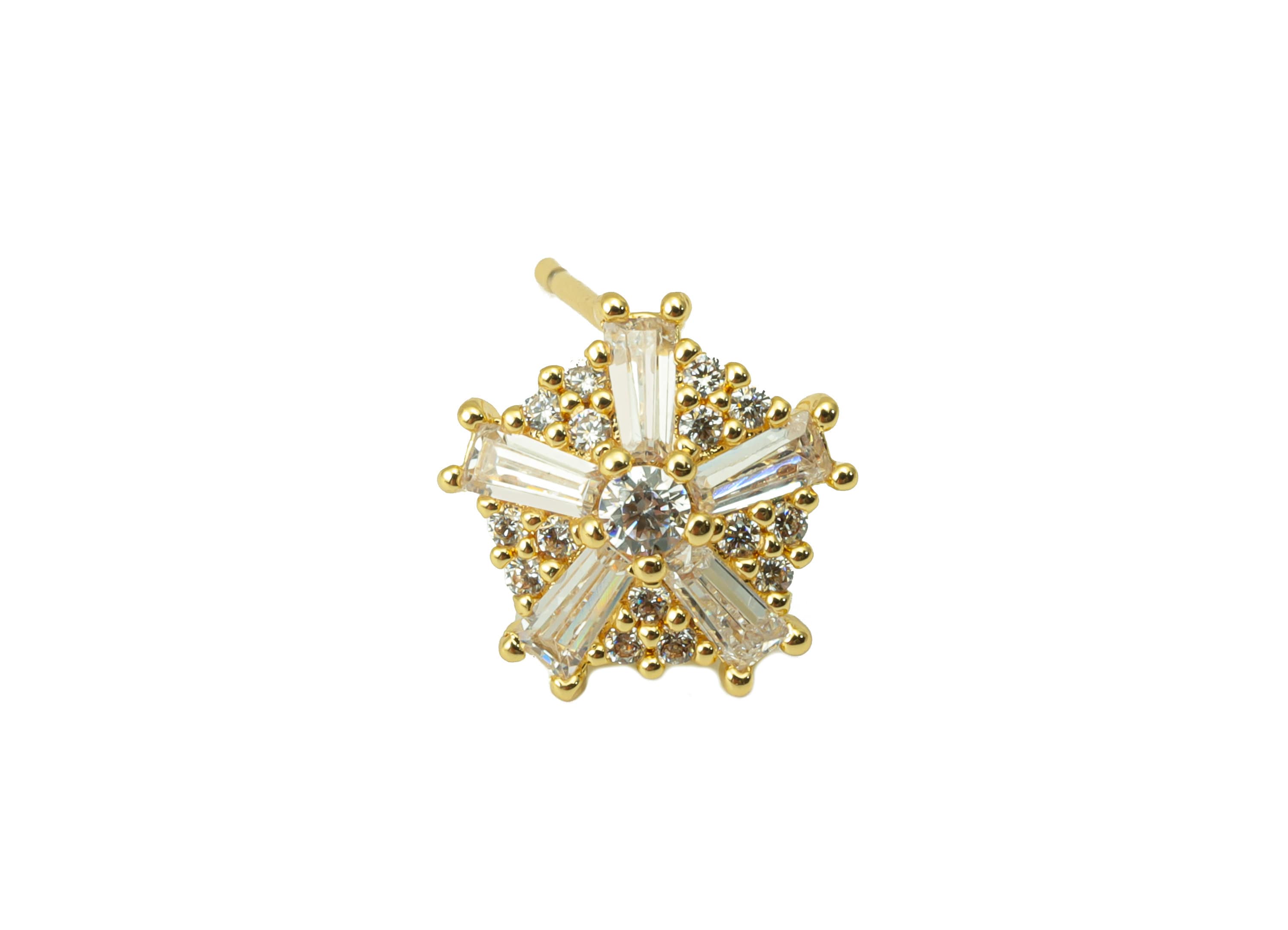 Brass Flower Earring Stud - Pentagon Ladder Earring Post - Dot Earring Post -Cubic Zirconia Stud -18K Real Gold Plated - 12x12x3mm- RGP6443 - DOMEDBAZAAR