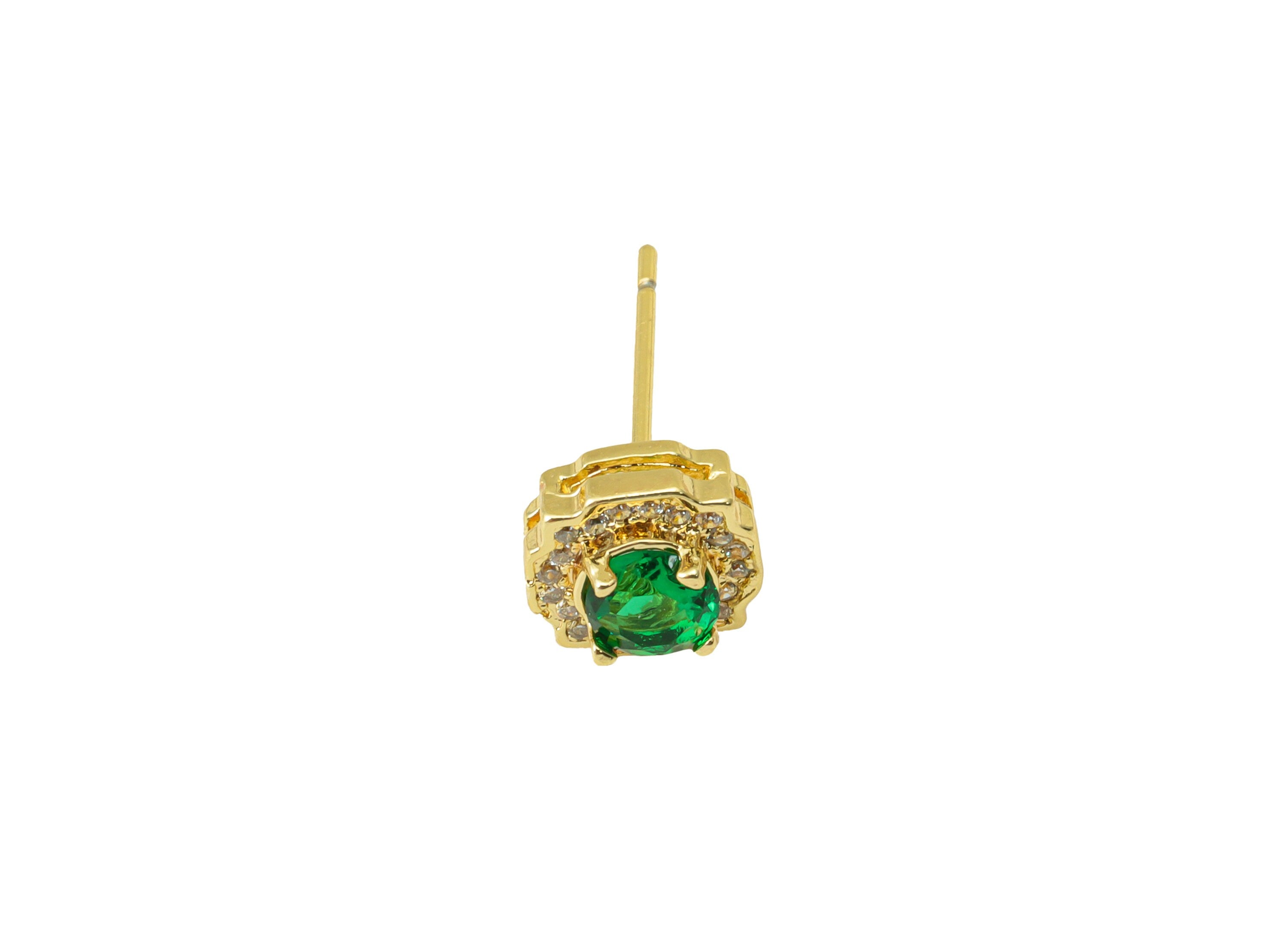 Brass Green Earring Stud - Brass Round Earring Post - Circle Earring Post -Cubic Zirconia Stud -18K Real Gold Plated - 8x8x5.01mm- RGP6447 - DOMEDBAZAAR