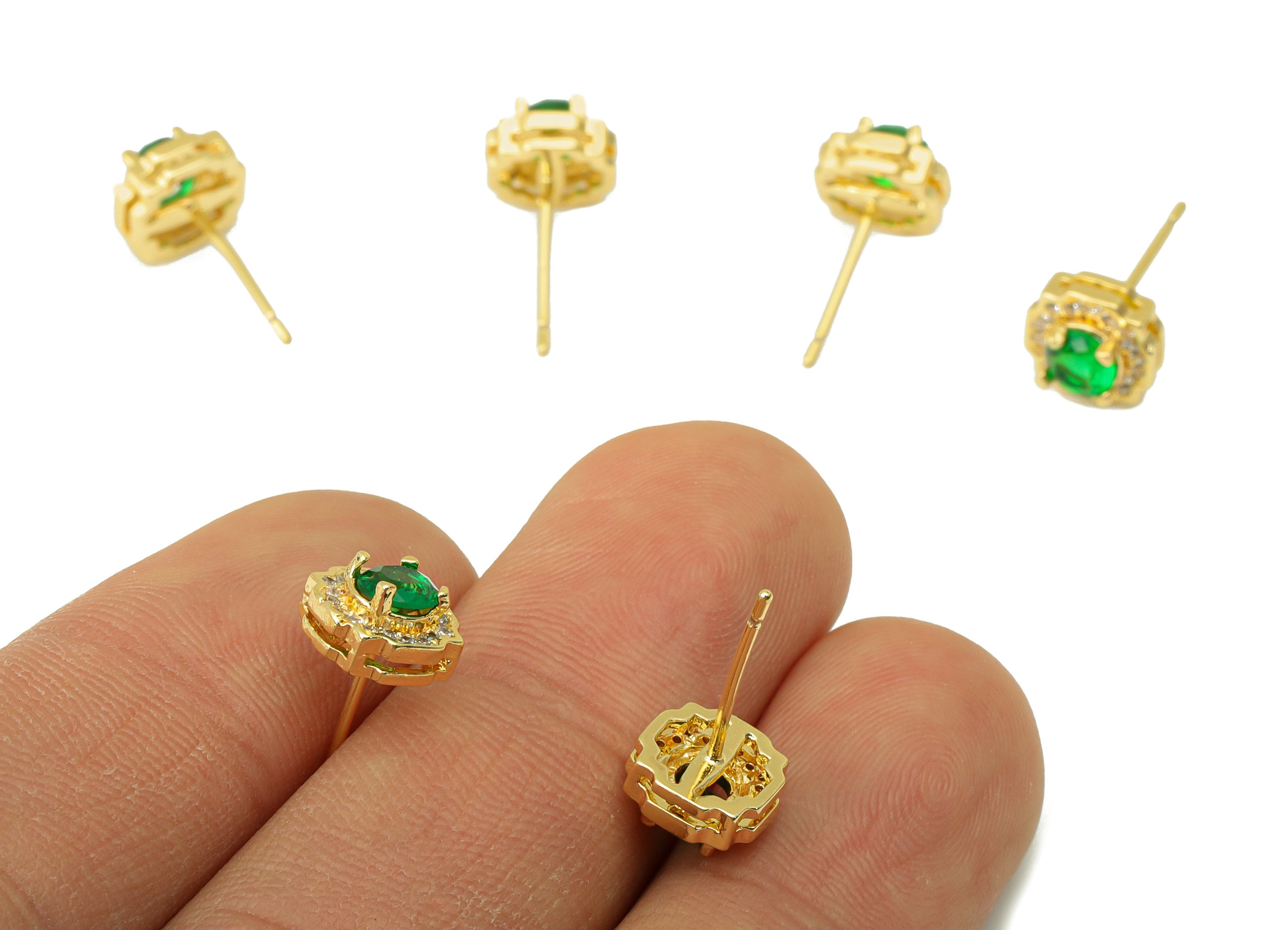 Brass Green Earring Stud - Brass Round Earring Post - Circle Earring Post -Cubic Zirconia Stud -18K Real Gold Plated - 8x8x5.01mm- RGP6447 - DOMEDBAZAAR