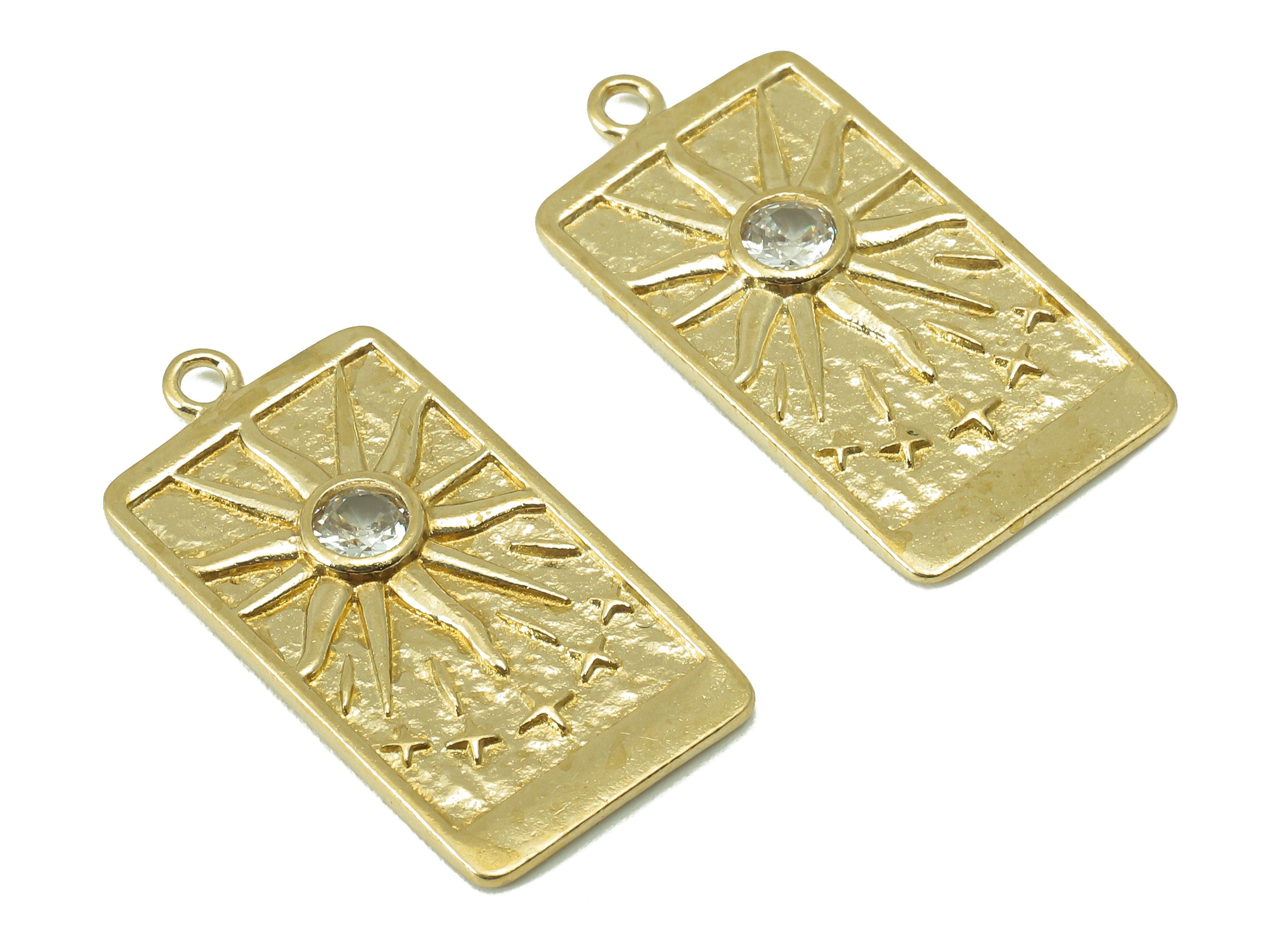 Brass Rectangular Earring Charm - Raw Brass Vintage Tarot Cards Pendant - Cubic Zircon - Sun CZ Charm - For Necklaces-27x13.5x1.98mm-PP8317 - DOMEDBAZAAR