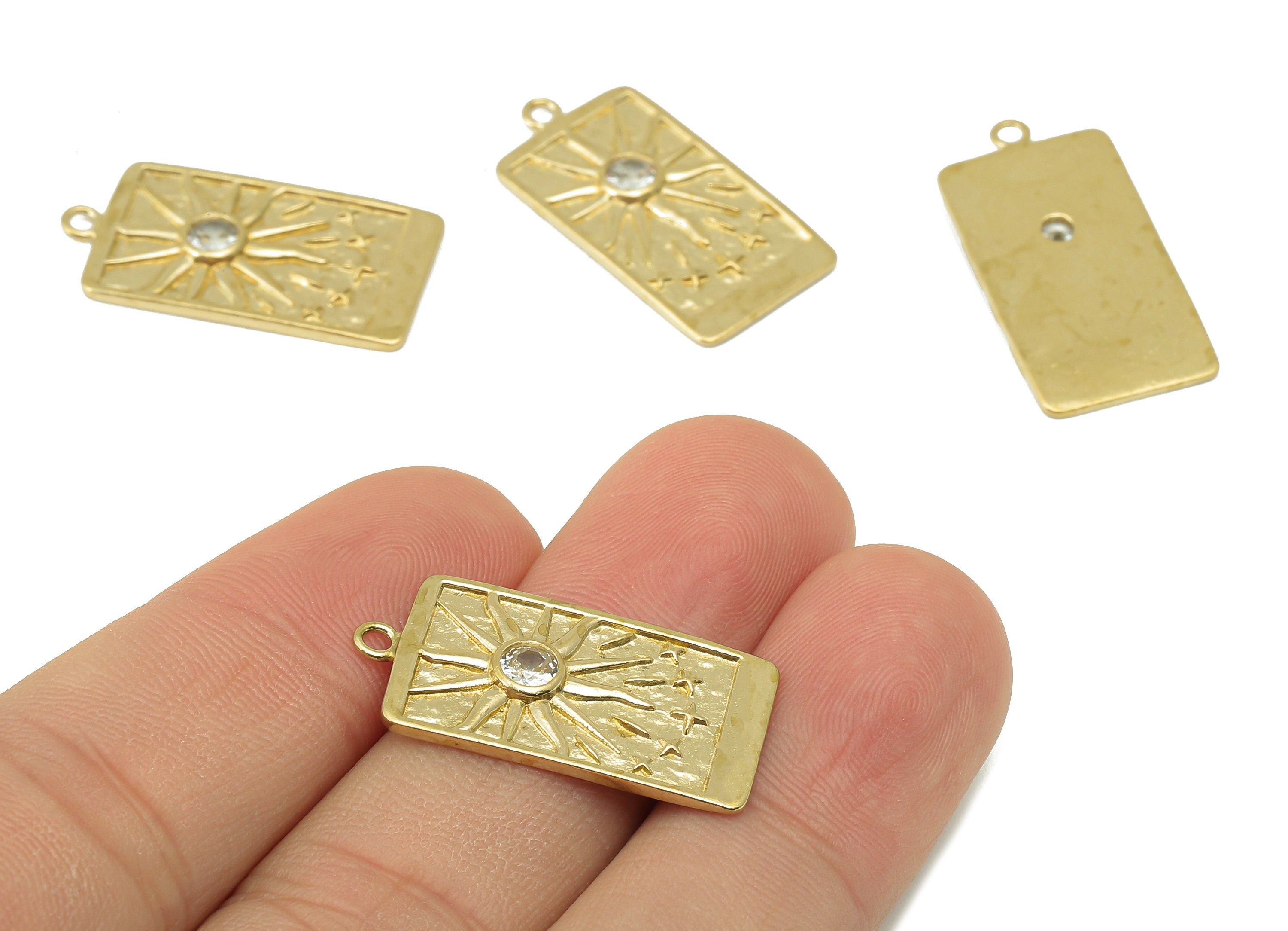 Brass Rectangular Earring Charm - Raw Brass Vintage Tarot Cards Pendant - Cubic Zircon - Sun CZ Charm - For Necklaces-27x13.5x1.98mm-PP8317 - DOMEDBAZAAR