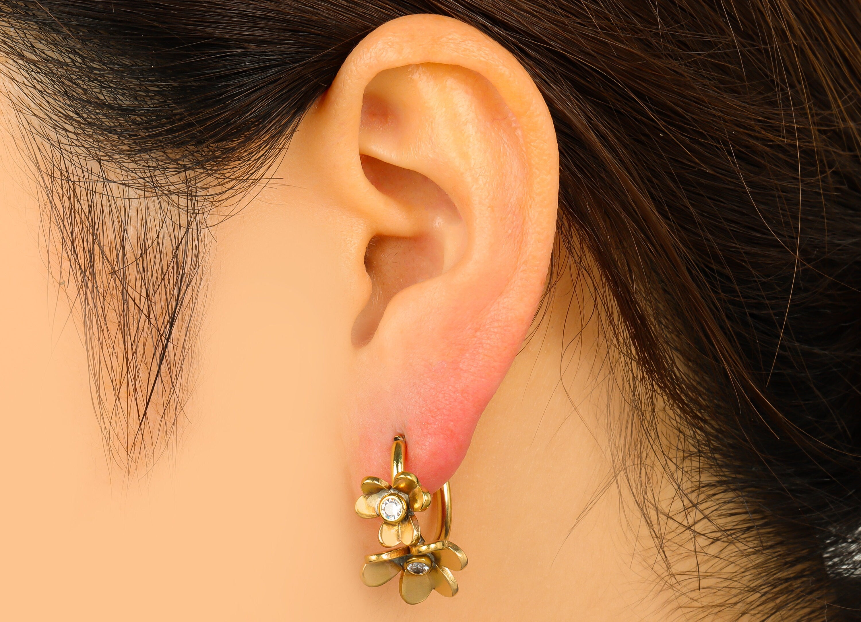 Brass Flowers Hoop Earring –Raw Brass Daisy Stud - Cubic Zircon Flower Stud - Brass Earring Hoop -Jewelry Supplies - 23.9x27.4x5.7mm-PP8417 - DOMEDBAZAAR