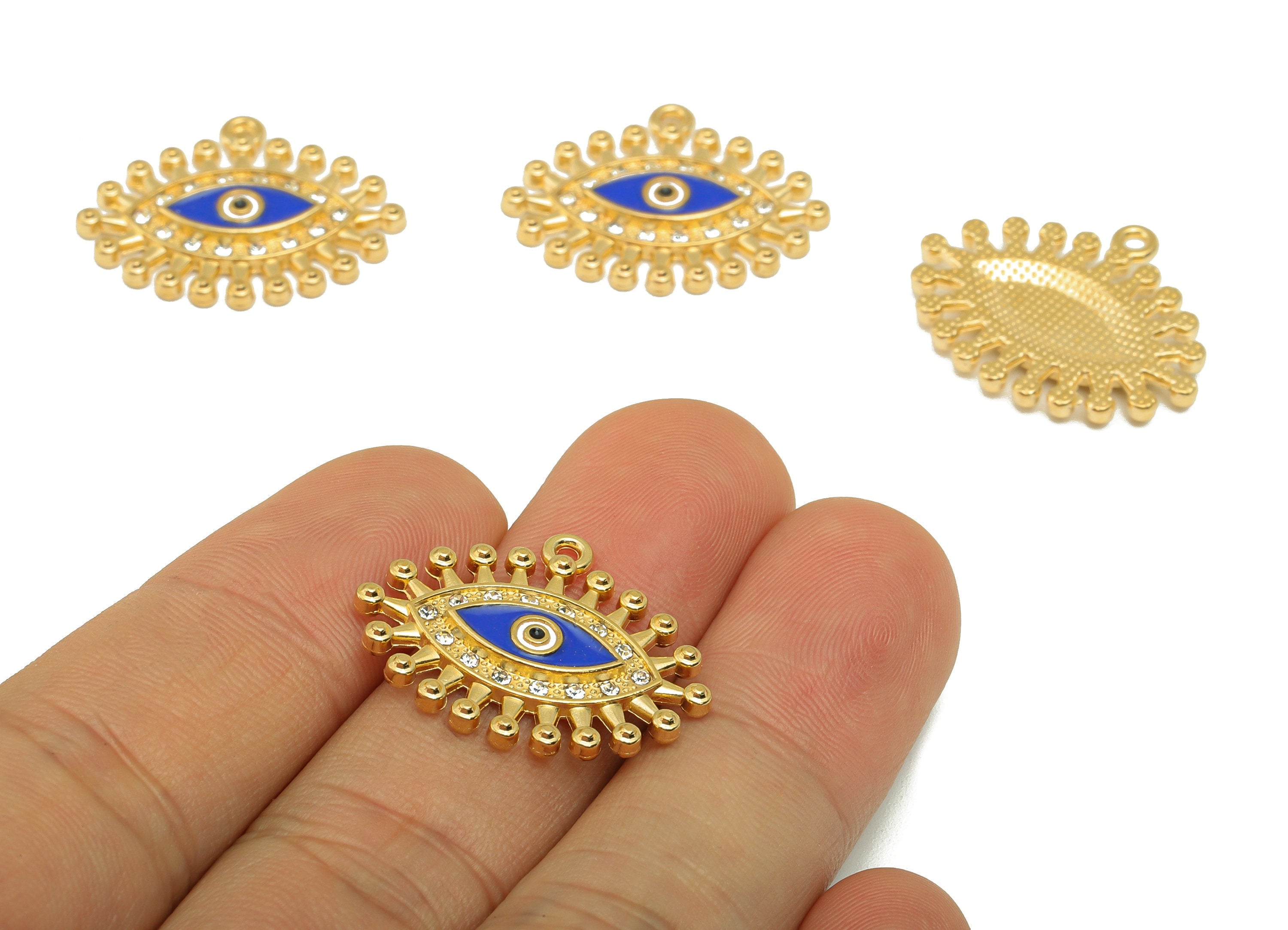 Brass Eye Earring Charms - Raw Brass Enamel Cubic Zirconia Pendant - Brass Eye Pendant - Jewelry Making Supplies - 9.7x9.95x2.69mm - PP8394 - DOMEDBAZAAR