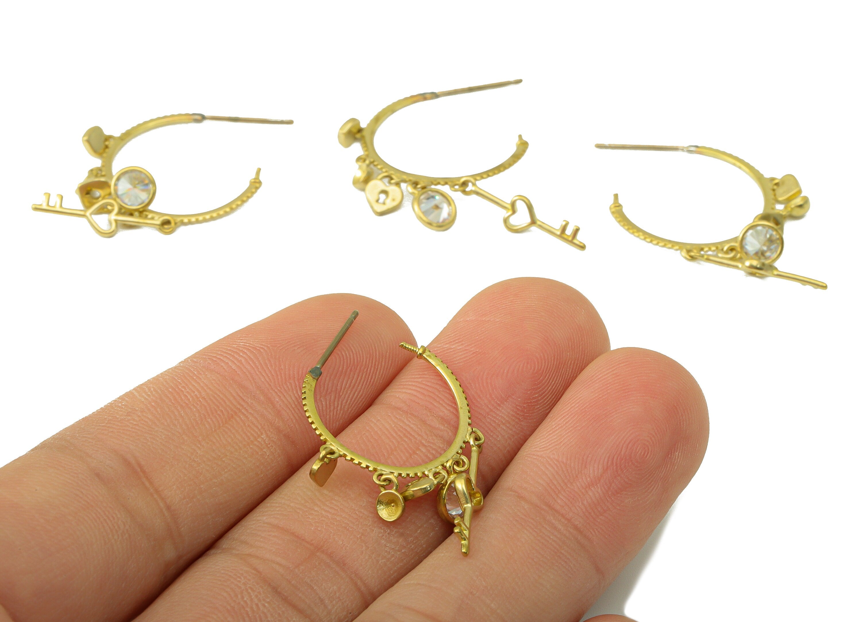 Brass Open Earring Hoop - Raw Brass Dangle Hoop Earring - CZ Heart Padlock Key Earring Hoop - Jewelry Supplies - 36.4x26.52x0.72mm-PP8425 - DOMEDBAZAAR
