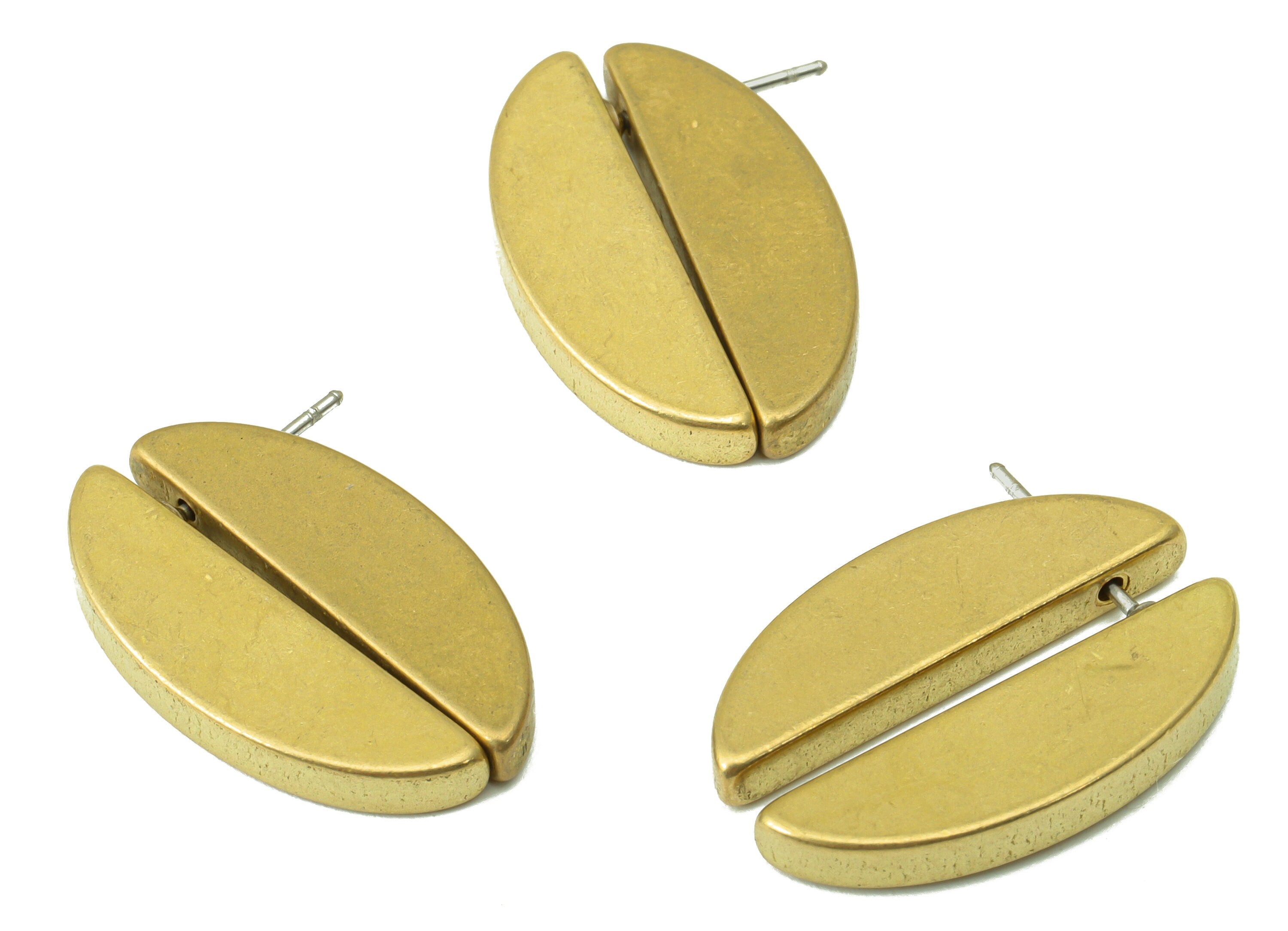 Brass Coffee Bean Earring - Raw Brass Oval Stud - A Spliced Ellipse Earring -Half Round Stud - Jewelry Supplies - 25.23x17.76x3.12mm-PP8430 - DOMEDBAZAAR