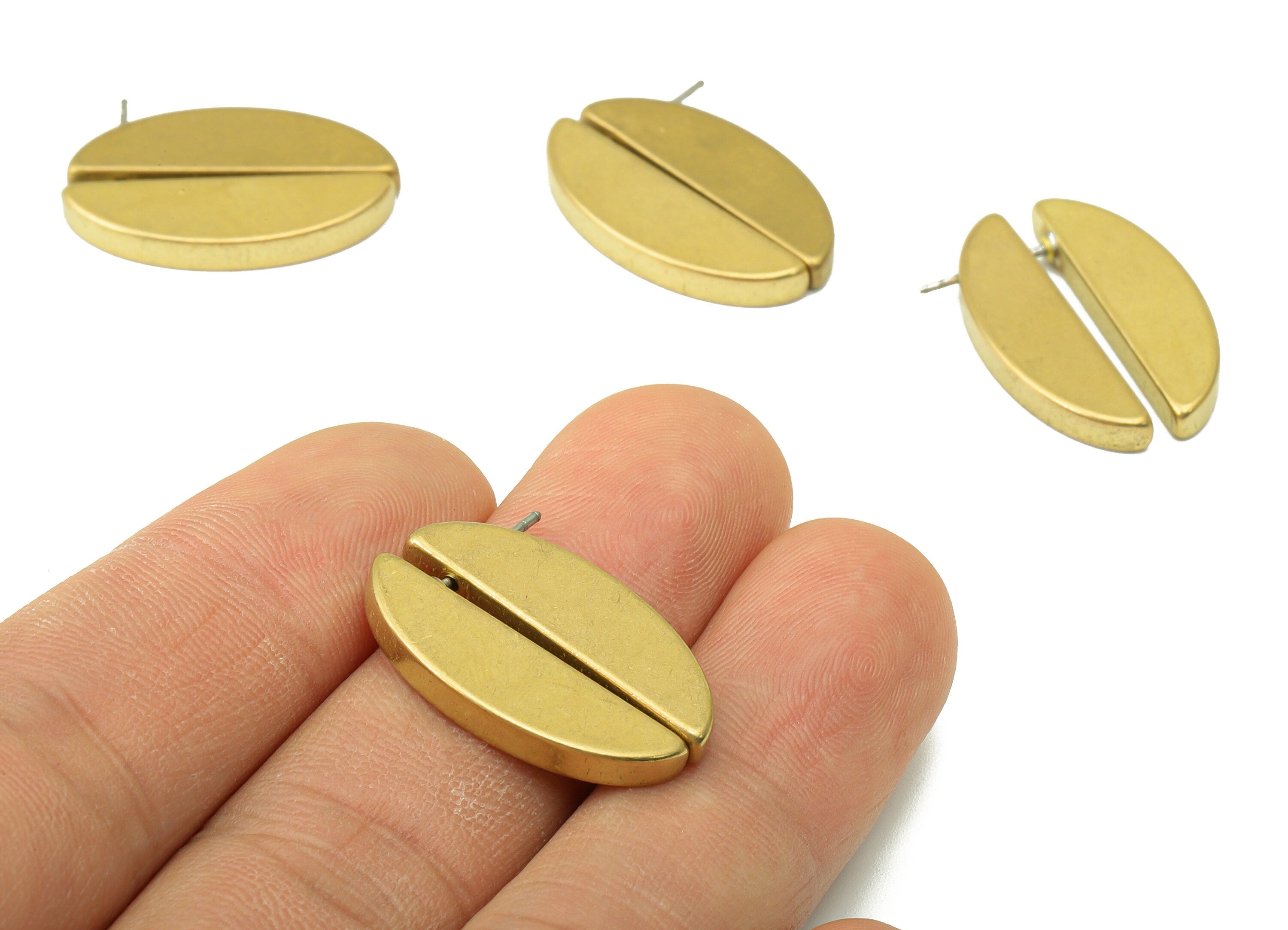 Brass Coffee Bean Earring - Raw Brass Oval Stud - A Spliced Ellipse Earring -Half Round Stud - Jewelry Supplies - 25.23x17.76x3.12mm-PP8430 - DOMEDBAZAAR