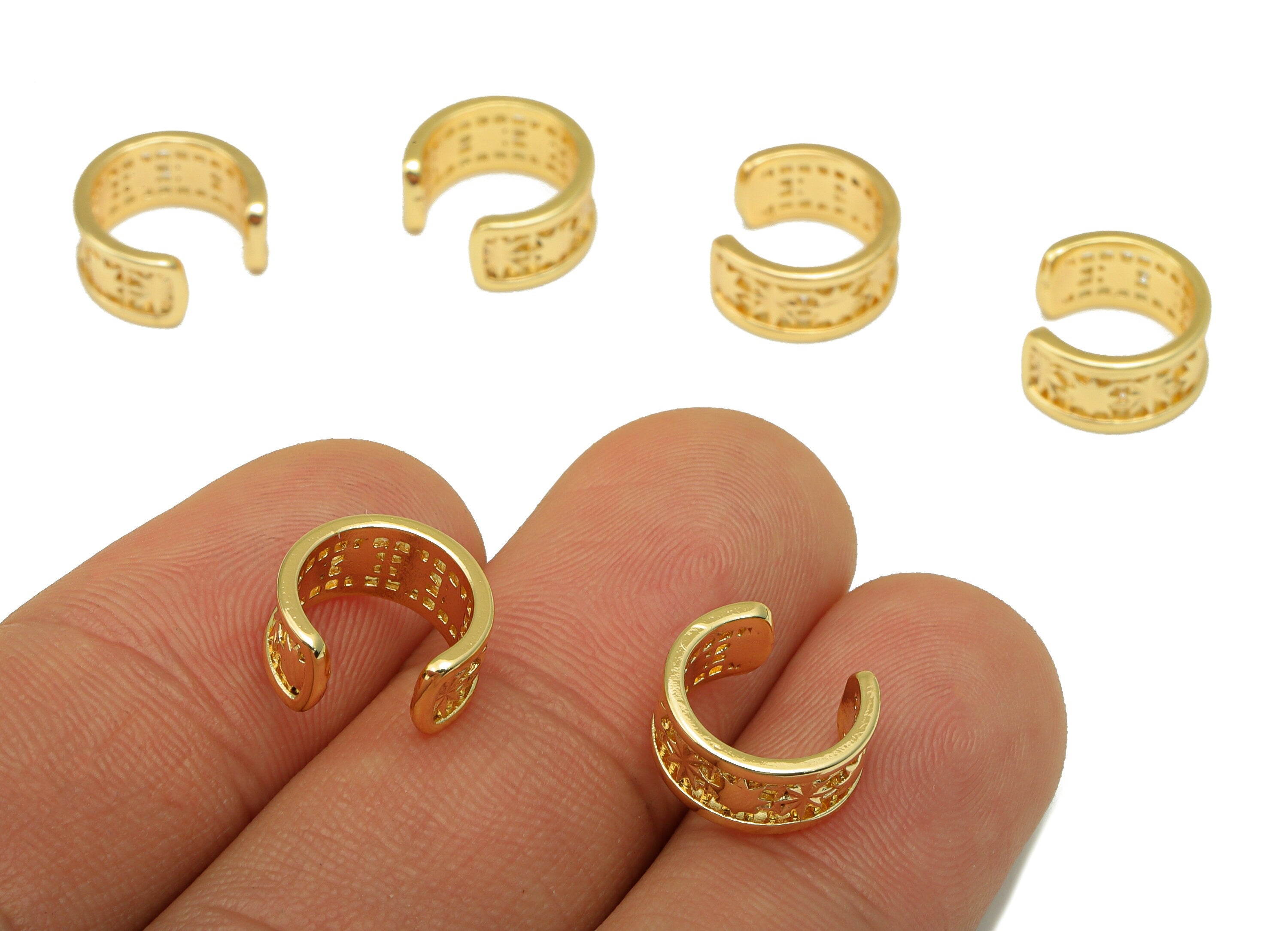 Brass Cuff Earring Charms - Brass Cuff Earring - Hollow Star Ear Cuff Textured - Pattern Hoop- 18k Real Gold Plated -11.3x6x1.15mm- RGP5556 - DOMEDBAZAAR