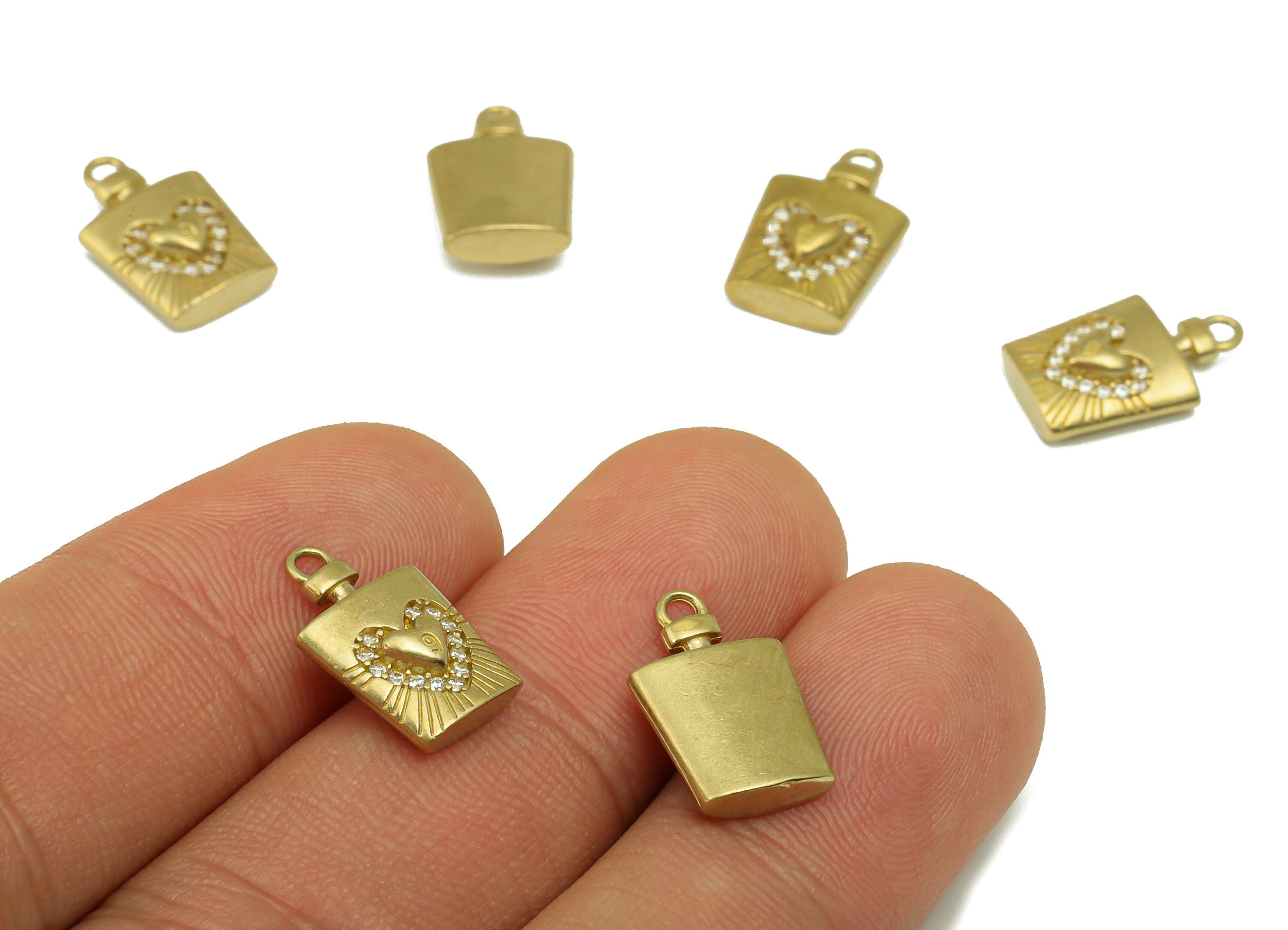 Brass Flagon Charm - Raw Brass Perfume Bottle CZ Pendant - Brass Cubic Zirconia Earring Charm - For Necklace -15.35 x 9.81x 3.02mm - PP8528 - DOMEDBAZAAR
