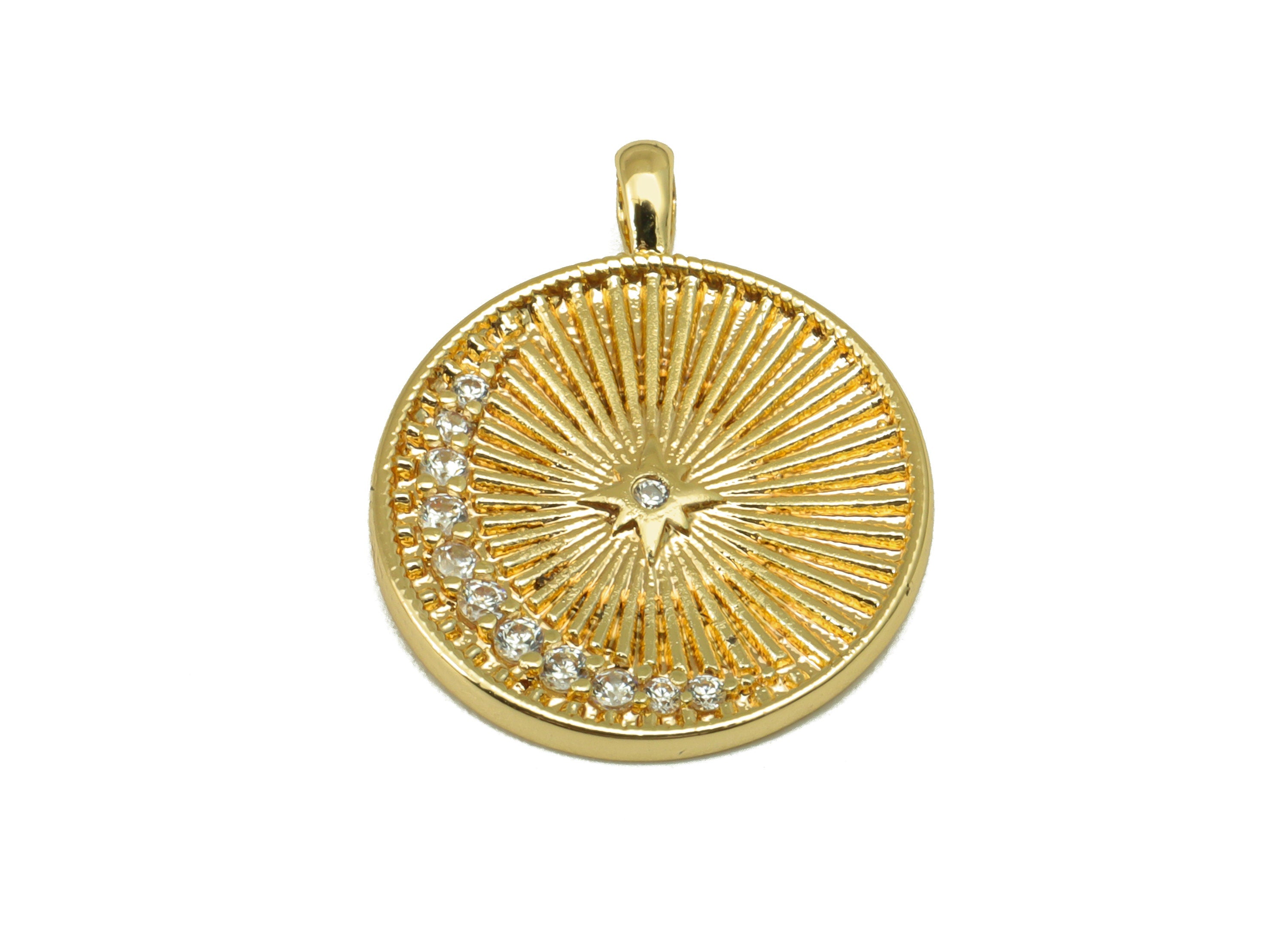 Brass Round Earring Charm -Cubic Zircon Sun Textured Crescent - Moon North Star Pendant -For Necklace-18K Real Gold Plated-21x17x2mm-RGP6492 - DOMEDBAZAAR