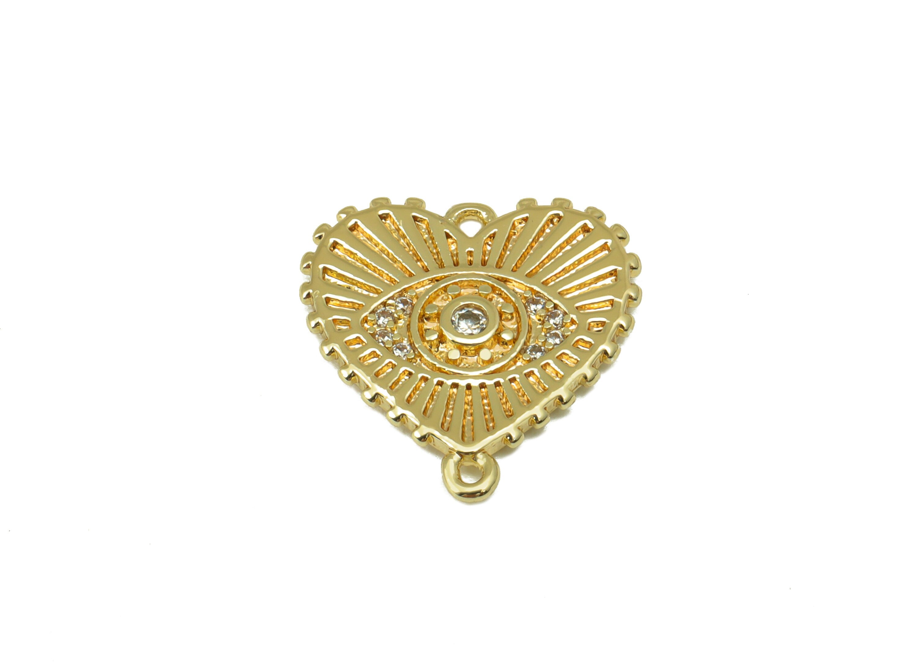 Brass Heart Connector -Cubic Zircon Textured Eye Earring Charm -Eye CZ Pendant - For Necklace- 18K Real Gold Plated -14.9x 14.4x1mm- RGP6507 - DOMEDBAZAAR