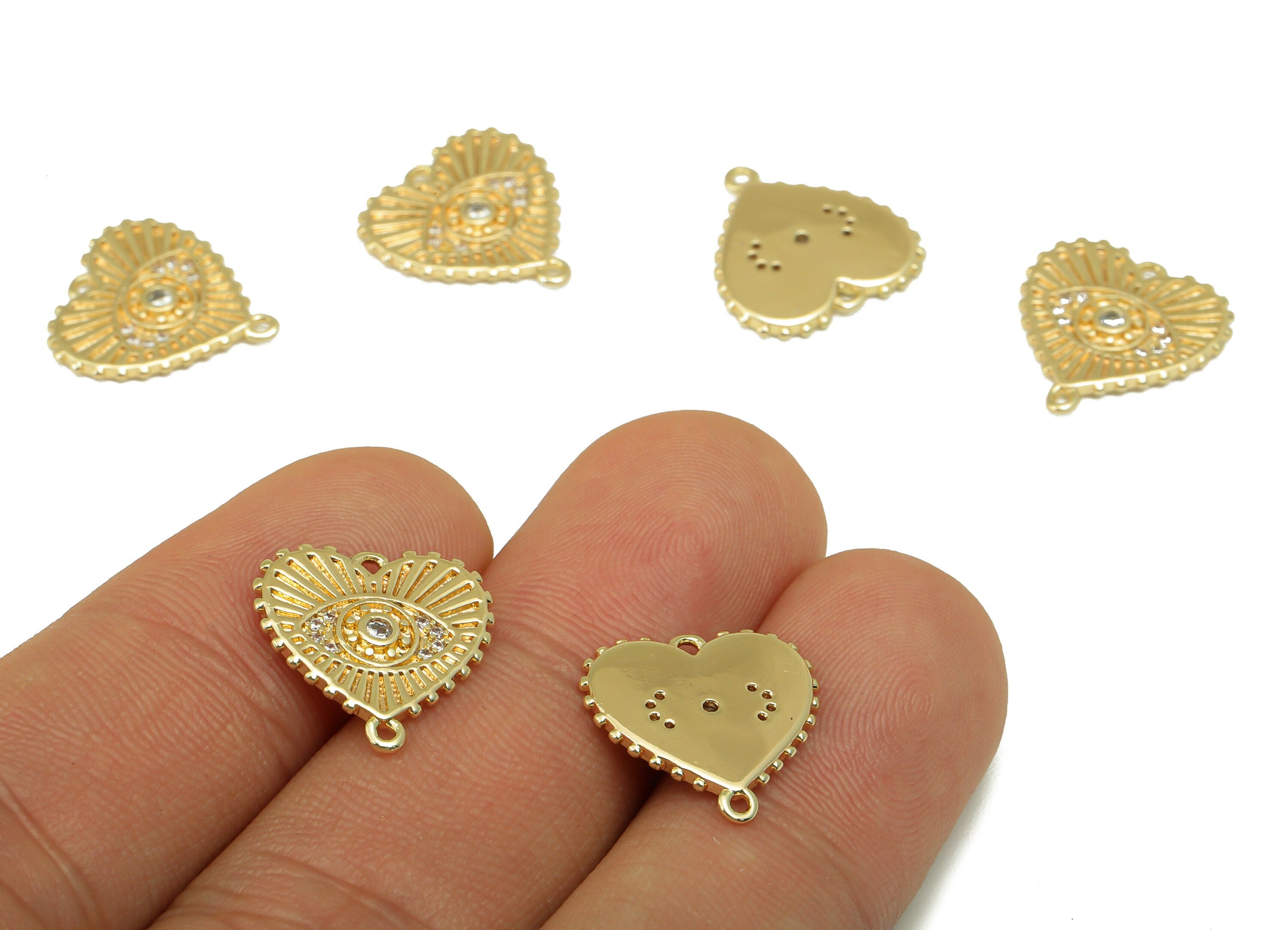 Brass Heart Connector -Cubic Zircon Textured Eye Earring Charm -Eye CZ Pendant - For Necklace- 18K Real Gold Plated -14.9x 14.4x1mm- RGP6507 - DOMEDBAZAAR