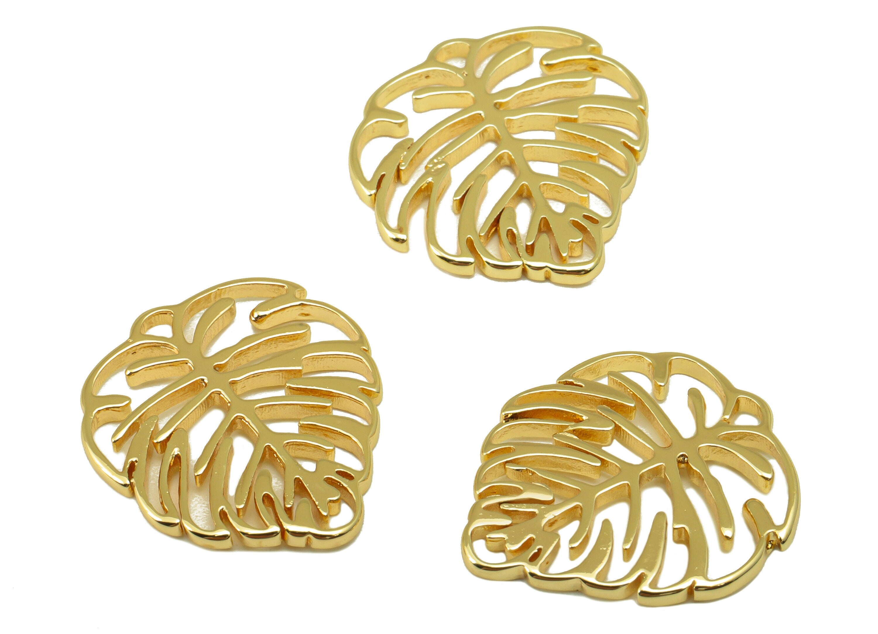 Brass Leaf Earring Charm - Brass Monstera Charm - Brass Botanical Pendant - For Necklace -18K Real Gold Plated -19x17x1.54mm- RGP6514 - DOMEDBAZAAR