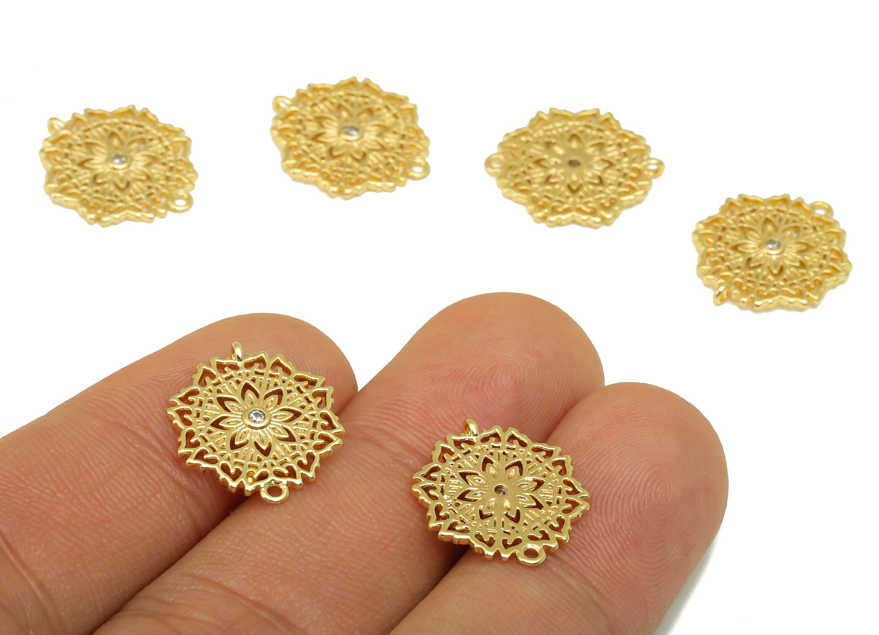 Brass Flower Connector - Brass Cubic Zirconia Earring Charm - Lotus Hollow Pendant - For Necklace - 18K Real Gold Plated -17x14x1mm- RGP6517 - DOMEDBAZAAR