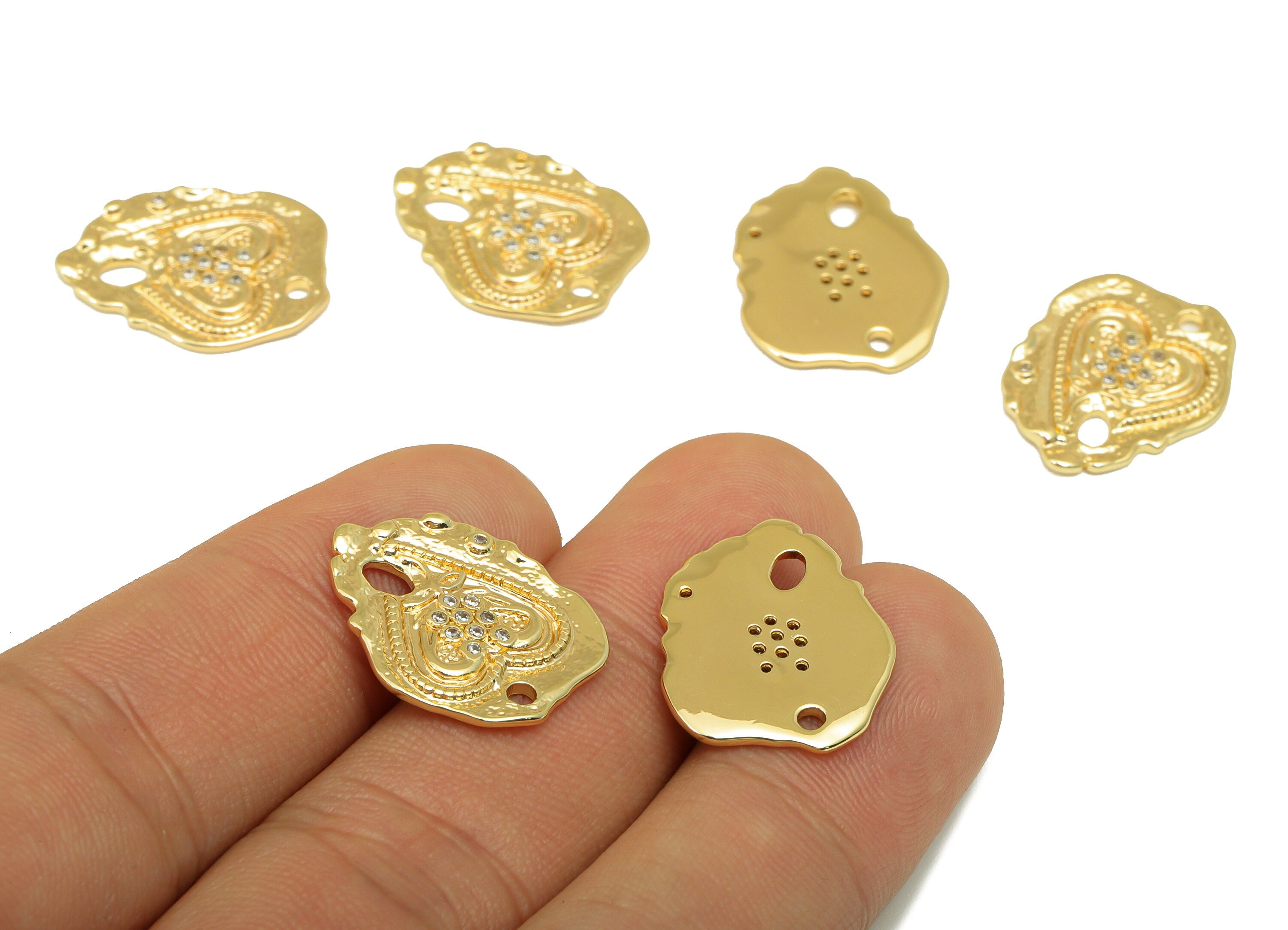 Brass Textured Earring Charm - Heart CZ Charm -Cubic Zirconia Antique Looking Pendant- For Necklace-18K Real Gold Plated -20x16x1mm- RGP6532 - DOMEDBAZAAR