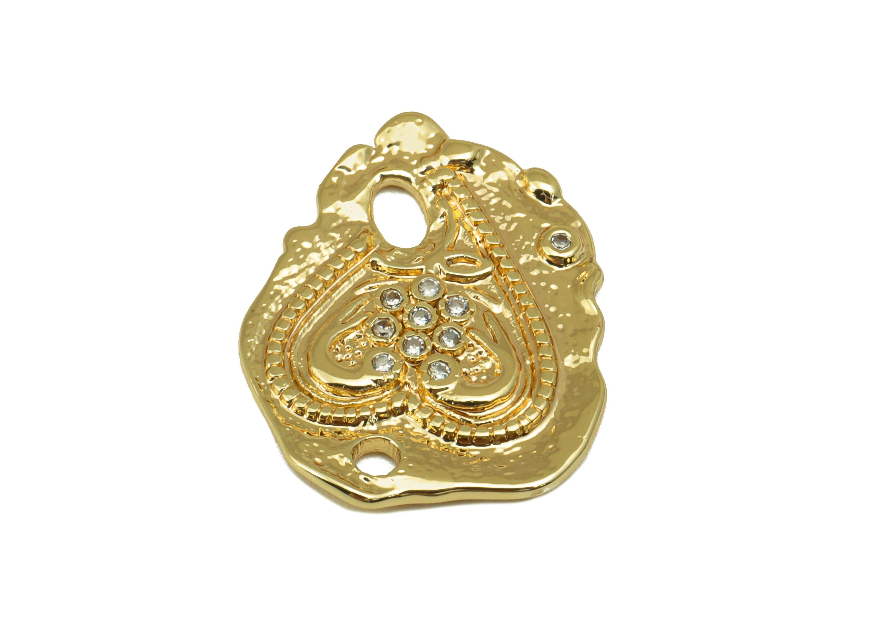 Brass Textured Earring Charm - Heart CZ Charm -Cubic Zirconia Antique Looking Pendant- For Necklace-18K Real Gold Plated -20x16x1mm- RGP6532 - DOMEDBAZAAR