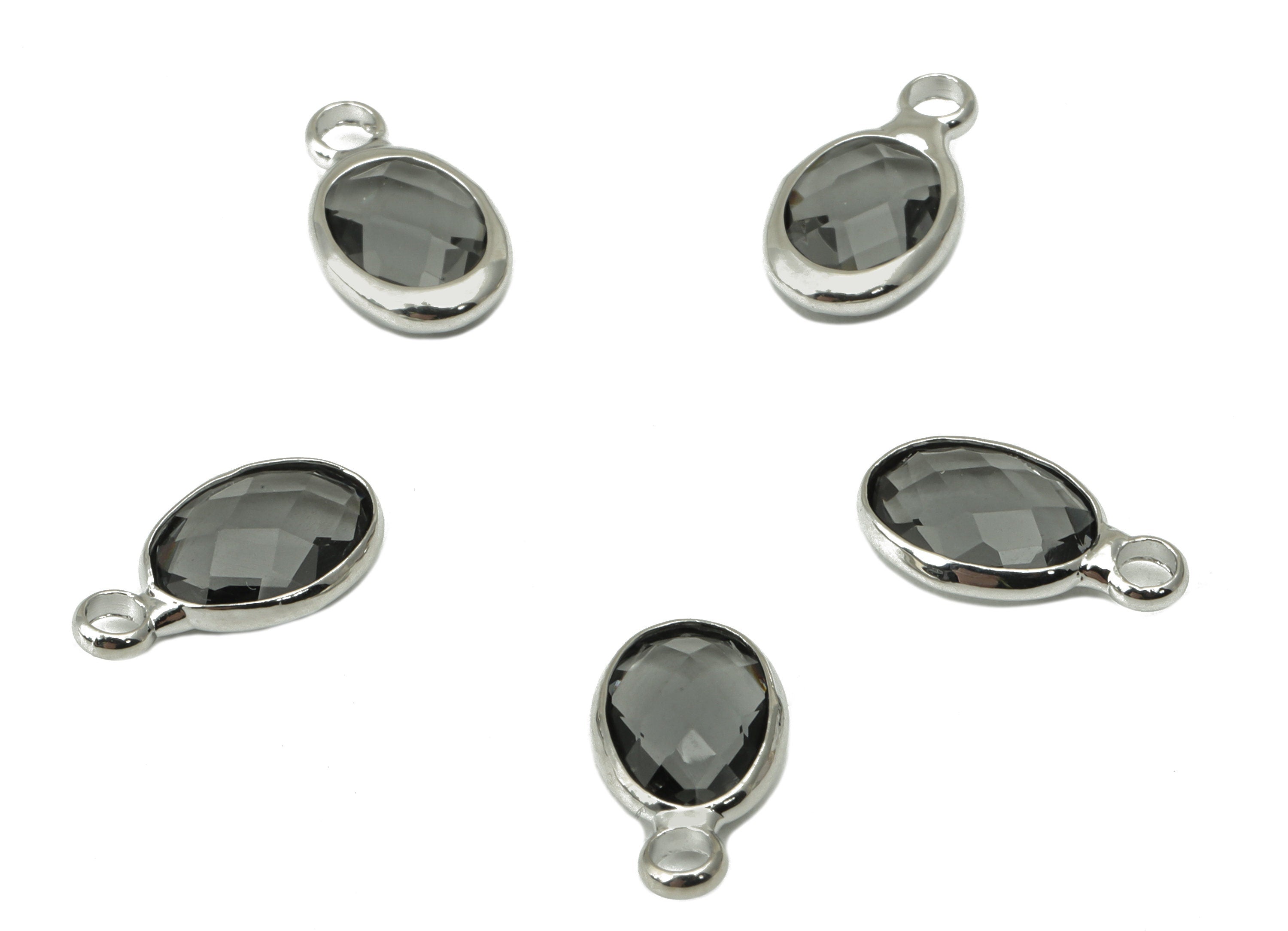 Faceted Glass Ellipse Earring Charms - Brass Gray Oval Pendant - Silver Tone Plated Brass With Loop - Faceted Glass - 12x7x3.5mm - GS1068S - DOMEDBAZAAR
