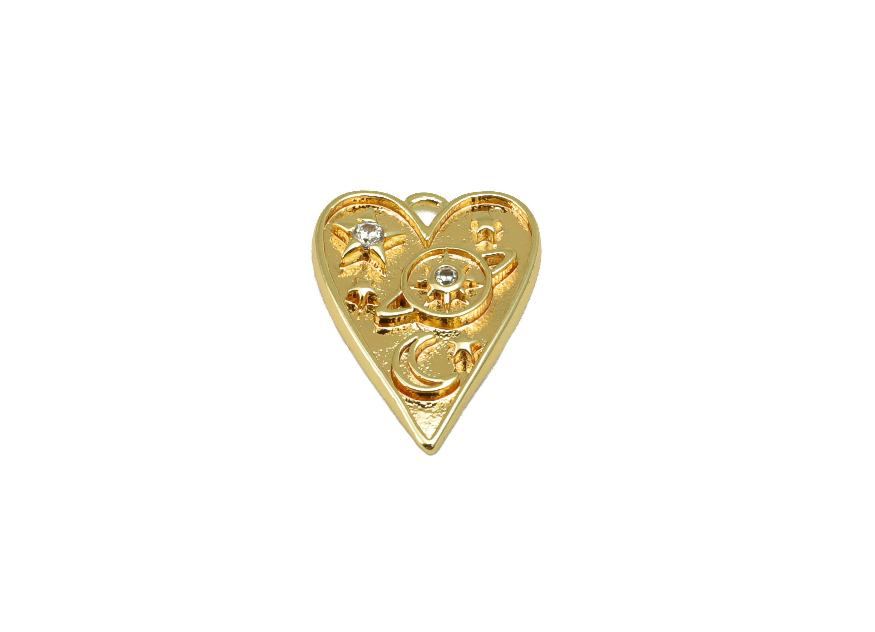 Brass Heart Earring Charm - Brass Cubic Zircon Sun - Crescent Saturn Bleart Pendant- For Necklace -18K Real Gold Plated-15x11x2mm- RGP6535 - DOMEDBAZAAR