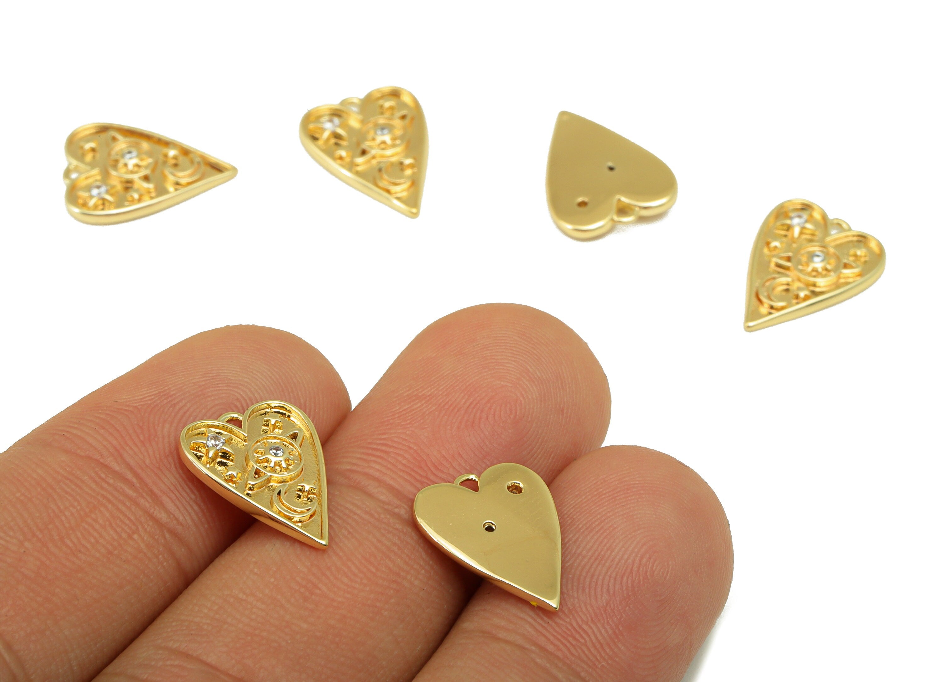 Brass Heart Earring Charm - Brass Cubic Zircon Sun - Crescent Saturn Bleart Pendant- For Necklace -18K Real Gold Plated-15x11x2mm- RGP6535 - DOMEDBAZAAR