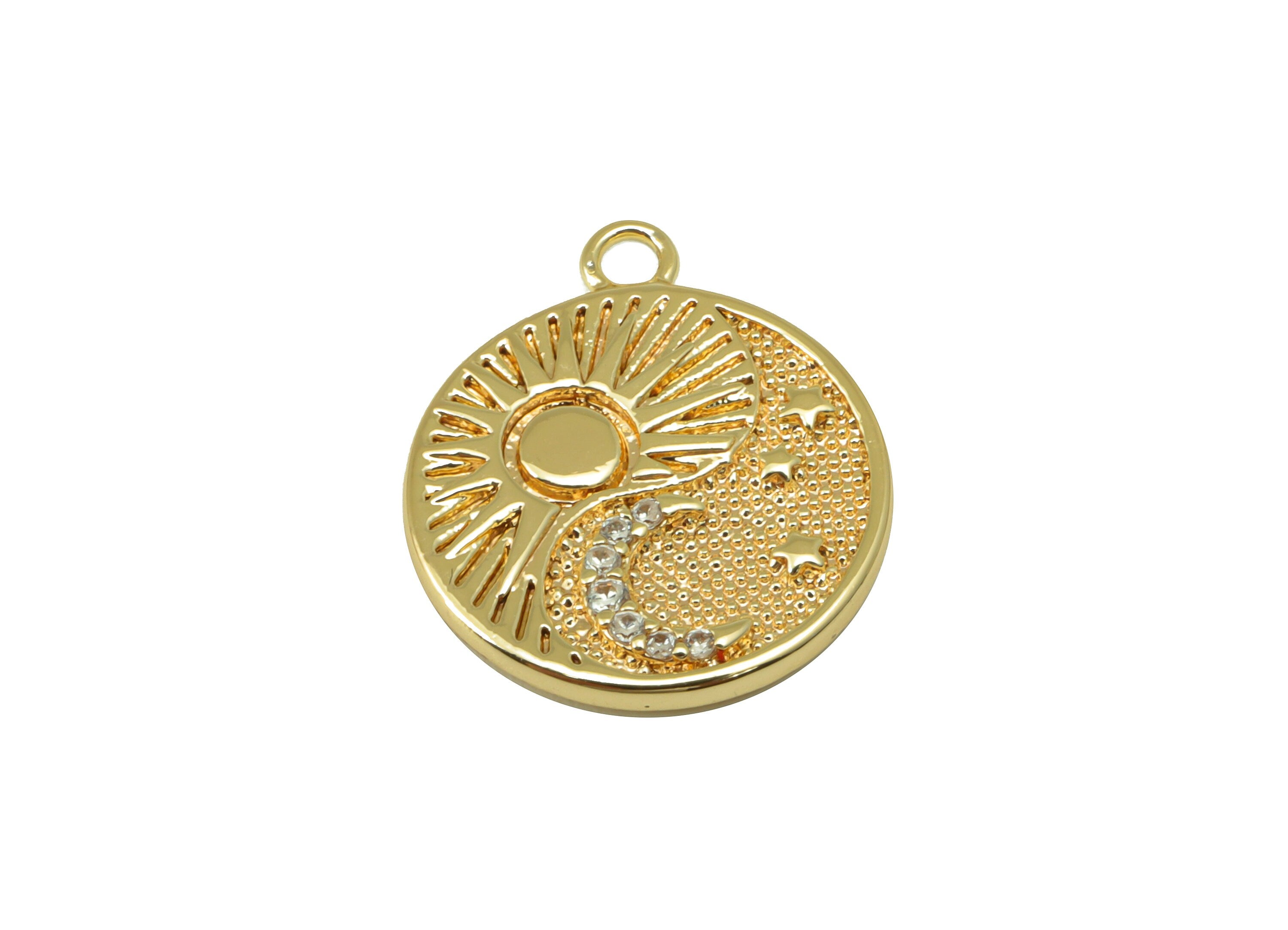 Brass Moon Earring Charm - Brass Cubic Zircon Night Sky Charm -Crescent CZ Pendant- For Necklace -18K Real Gold Plated-17x15x1.65mm- RGP6539 - DOMEDBAZAAR