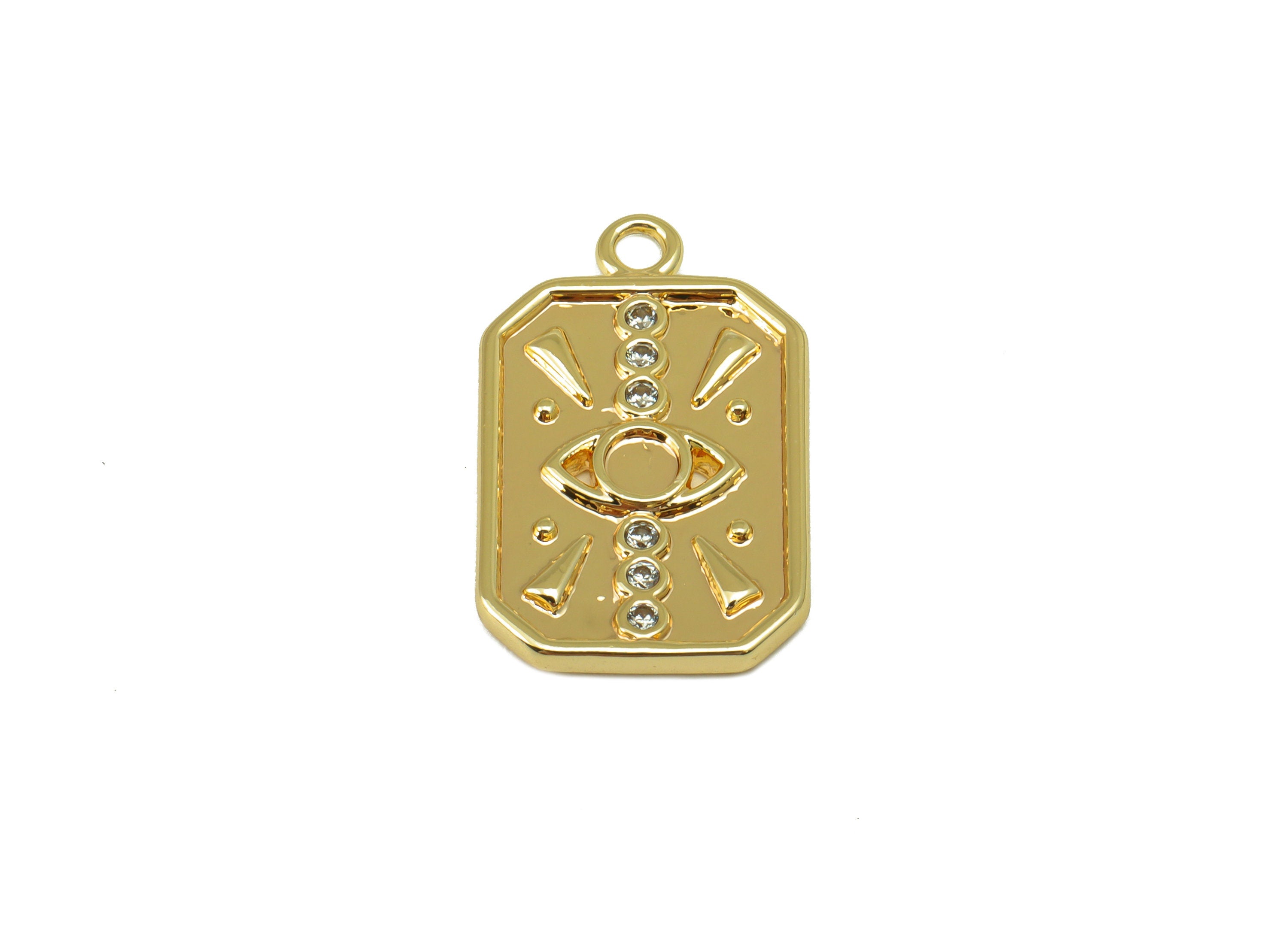 Brass Octagon Earring Charm - Eye Cubic Zircon Signs Dot Charm - Triangle CZ Pendant - For Necklace - 18K Real Gold Plated-20x13x1mm-RGP6574 - DOMEDBAZAAR