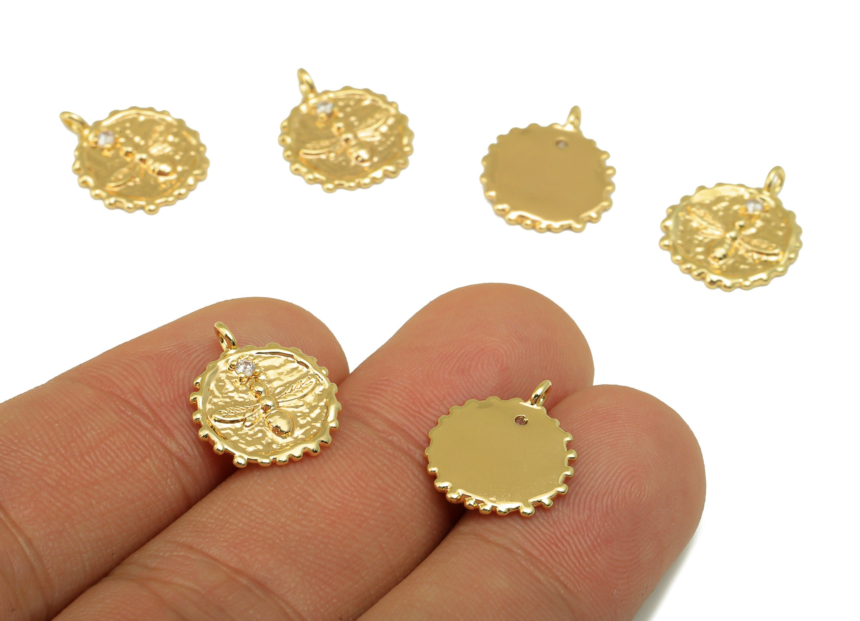 Brass Bee Earring Charm - Hammered Cubic Zircon Charm - Animal CZ Pendant - For Necklace - 18K Real Gold Plated -15x13x1.31mm - RGP6575 - DOMEDBAZAAR