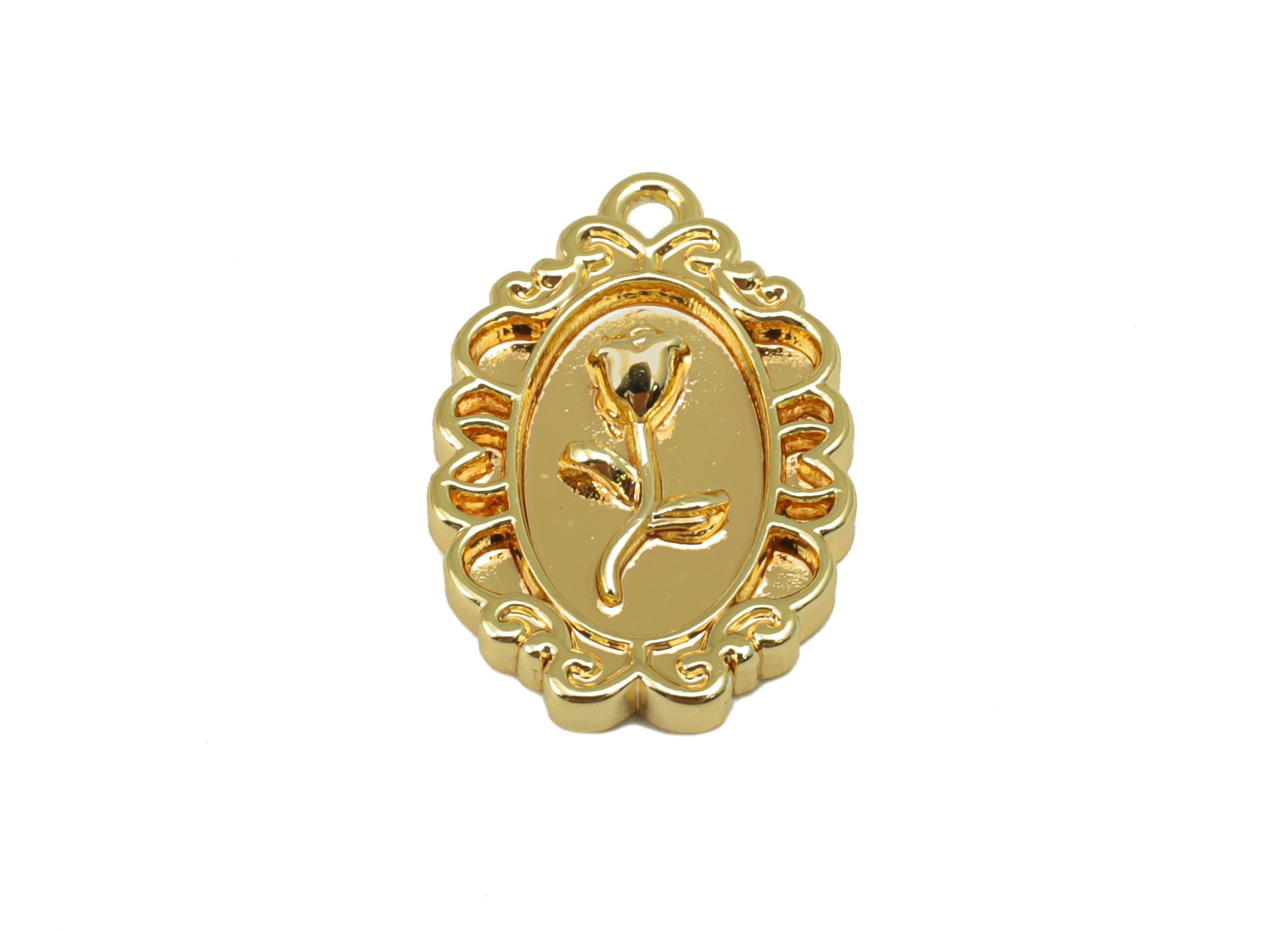 Brass Rose Earring Charm - Vintage Frame Looking Earring Charm - Flower Pendant - For Necklace - 18K Real Gold Plated -17x11x2.9mm - RGP6576 - DOMEDBAZAAR