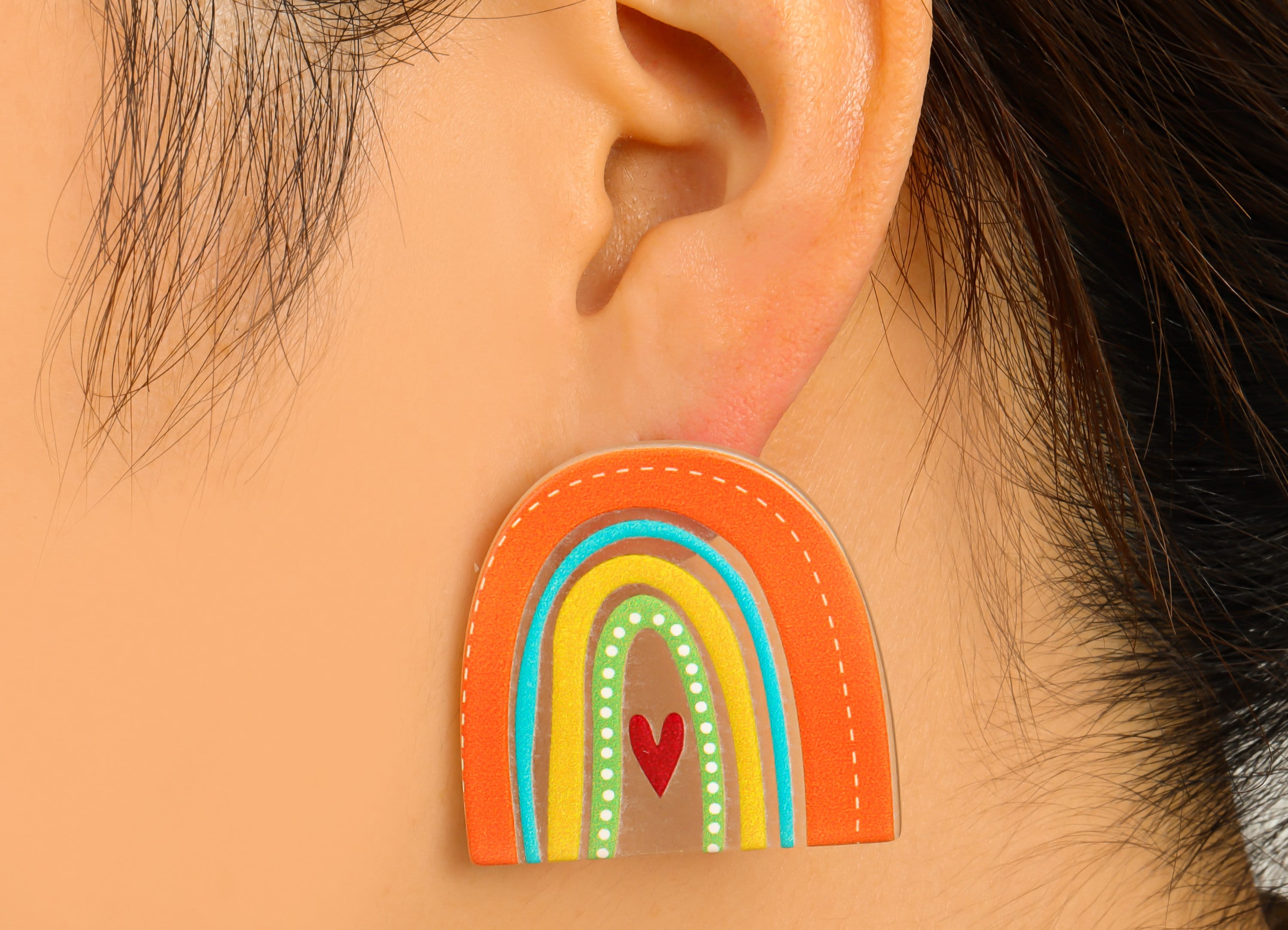 Domed Heart Acrylic Earring Stud - Acrylic Rainbow Earring Post - Red Heart Earring Post - Jewelry Making Supplies -35.55x36x2.77mm- AC2590J - DOMEDBAZAAR
