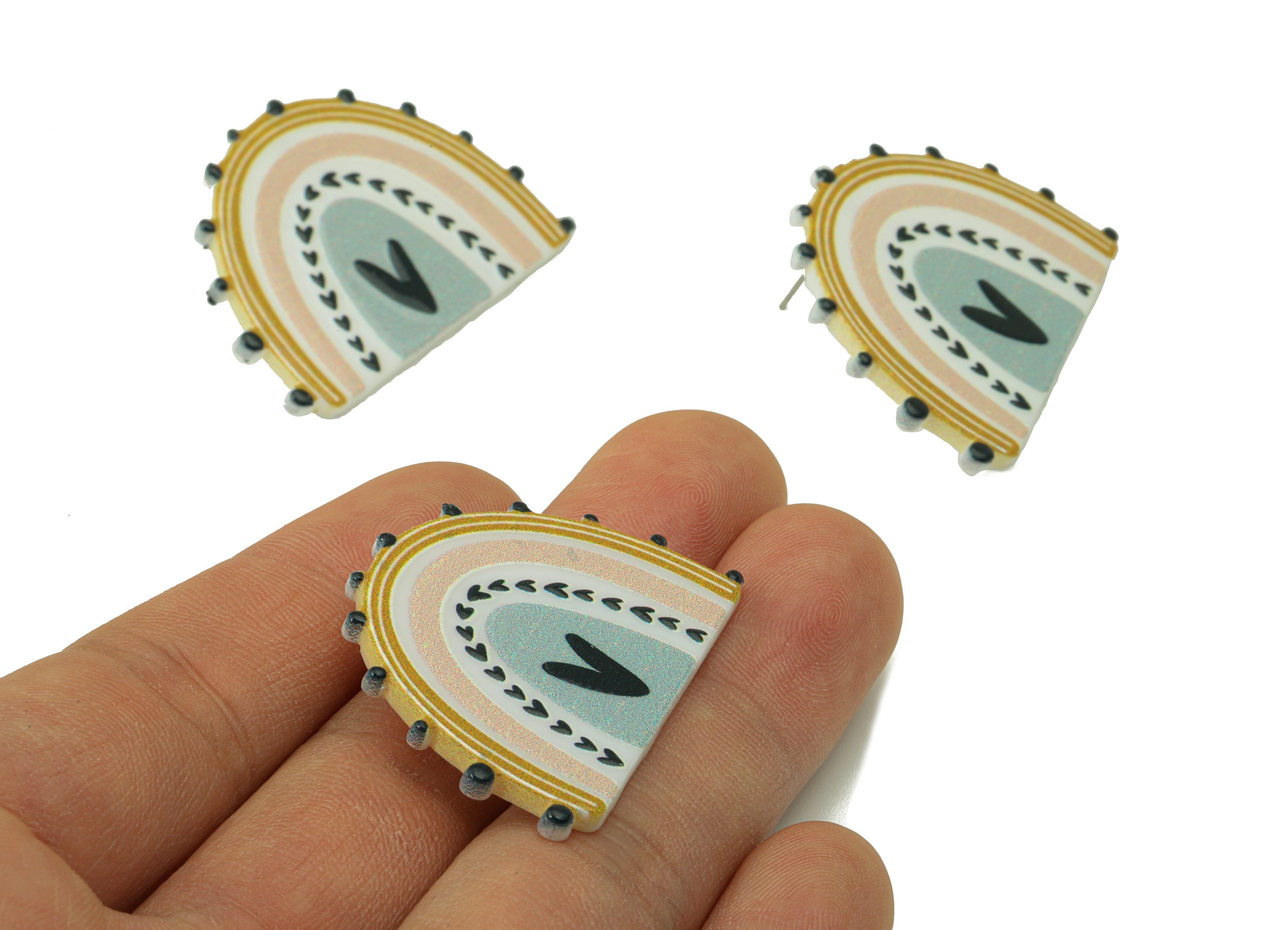 Domed Acrylic Earring Stud - Acrylic Rainbow Earring Post - Heart Earring Post - Jewelry Making Supplies -31.62x37.46x2.4mm- AC2590A - DOMEDBAZAAR
