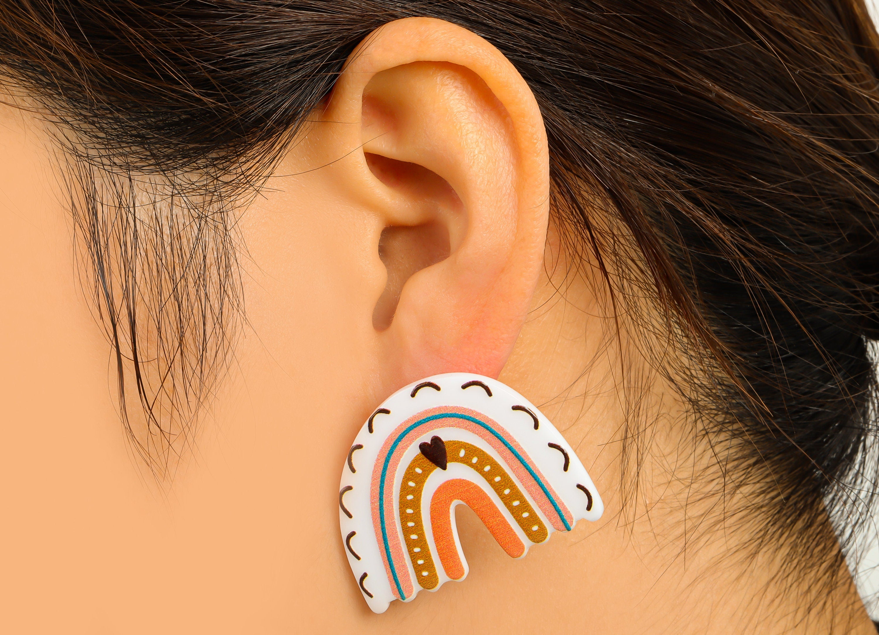 Domed Acrylic Earring Stud - Acrylic Rainbow Earring Post - Heart Earring Post - Jewelry Making Supplies -30.12x37.8x2.43mm- AC2590C - DOMEDBAZAAR