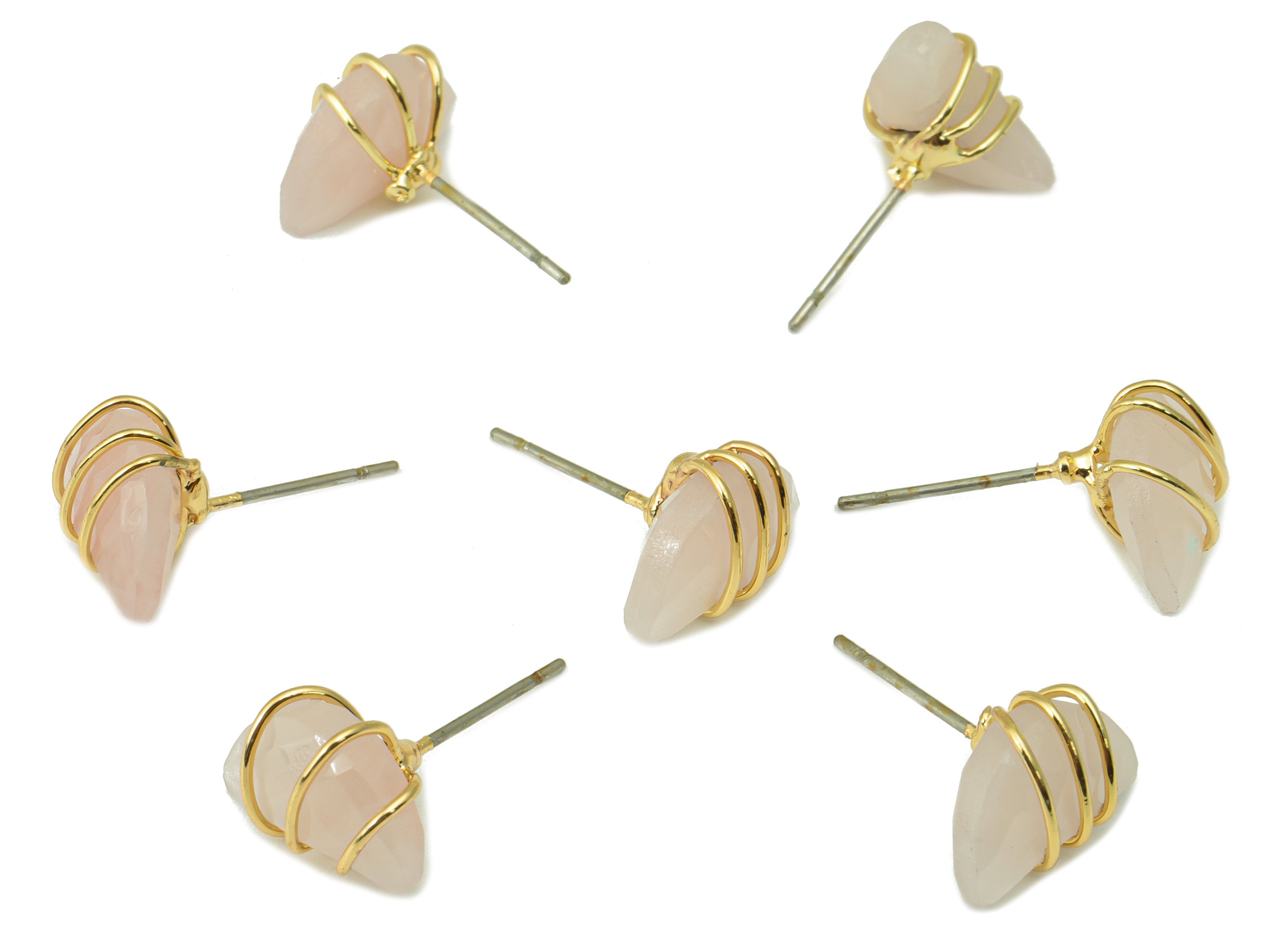 Rose Quartz Natural Stone Earring Stud - Brass Pink Stone Earring Post -Rose Quartz Wire Wrapped Earring Post - 12x9x5mm-NS1891A - DOMEDBAZAAR