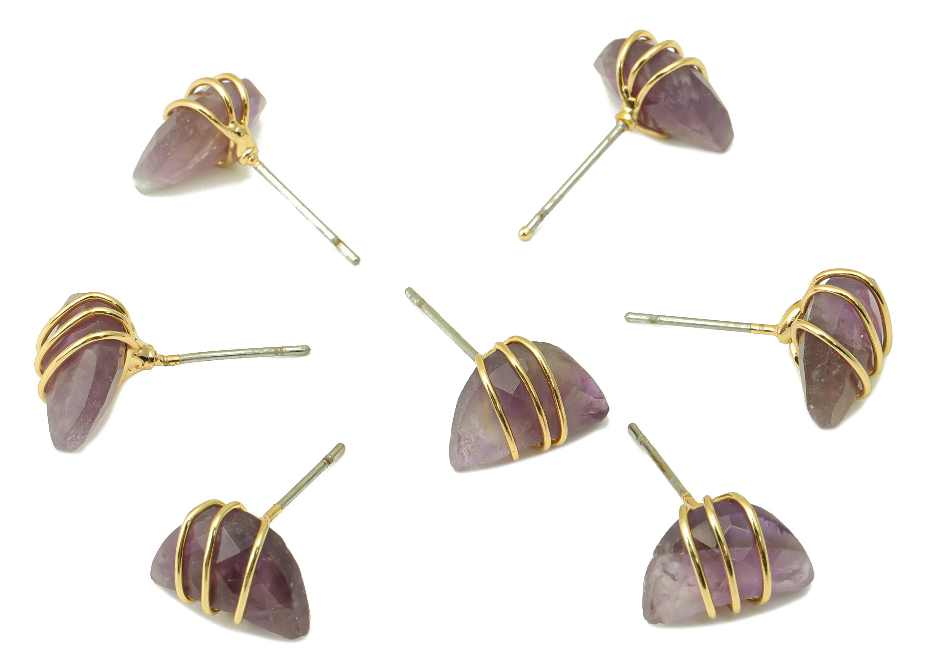 Amethyst Natural Stone Earring Stud - Brass Purple Stone Earring Post - Wire Wrapped Earring Post -Earring Stud- 11.9x8.6x4.85mm-NS1891B - DOMEDBAZAAR