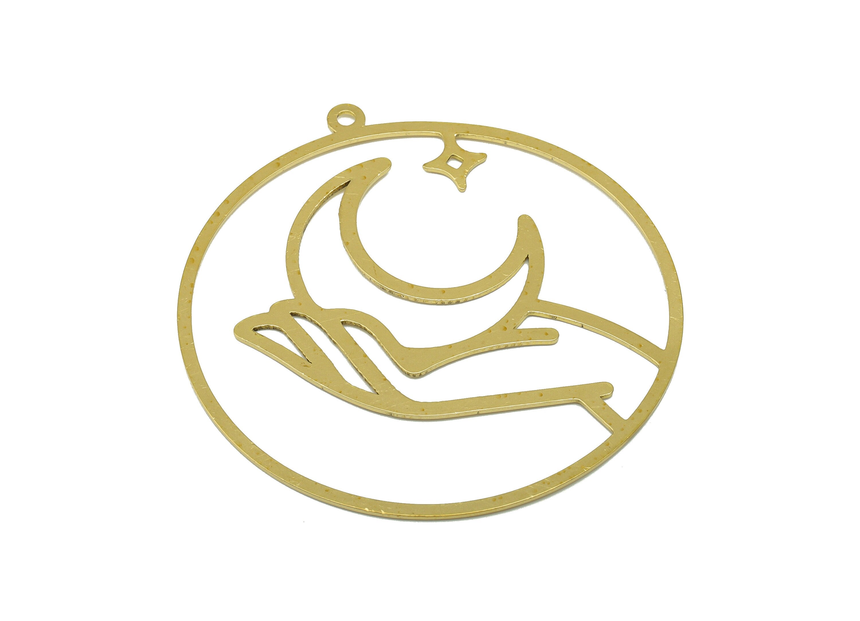 Brass Round Earring - Brass Hand Crescent Laser Cut Pendant - Brass Star Earring Charm- For Necklace -Moon on The Hand - 60x56x1mm- PP8520 - DOMEDBAZAAR