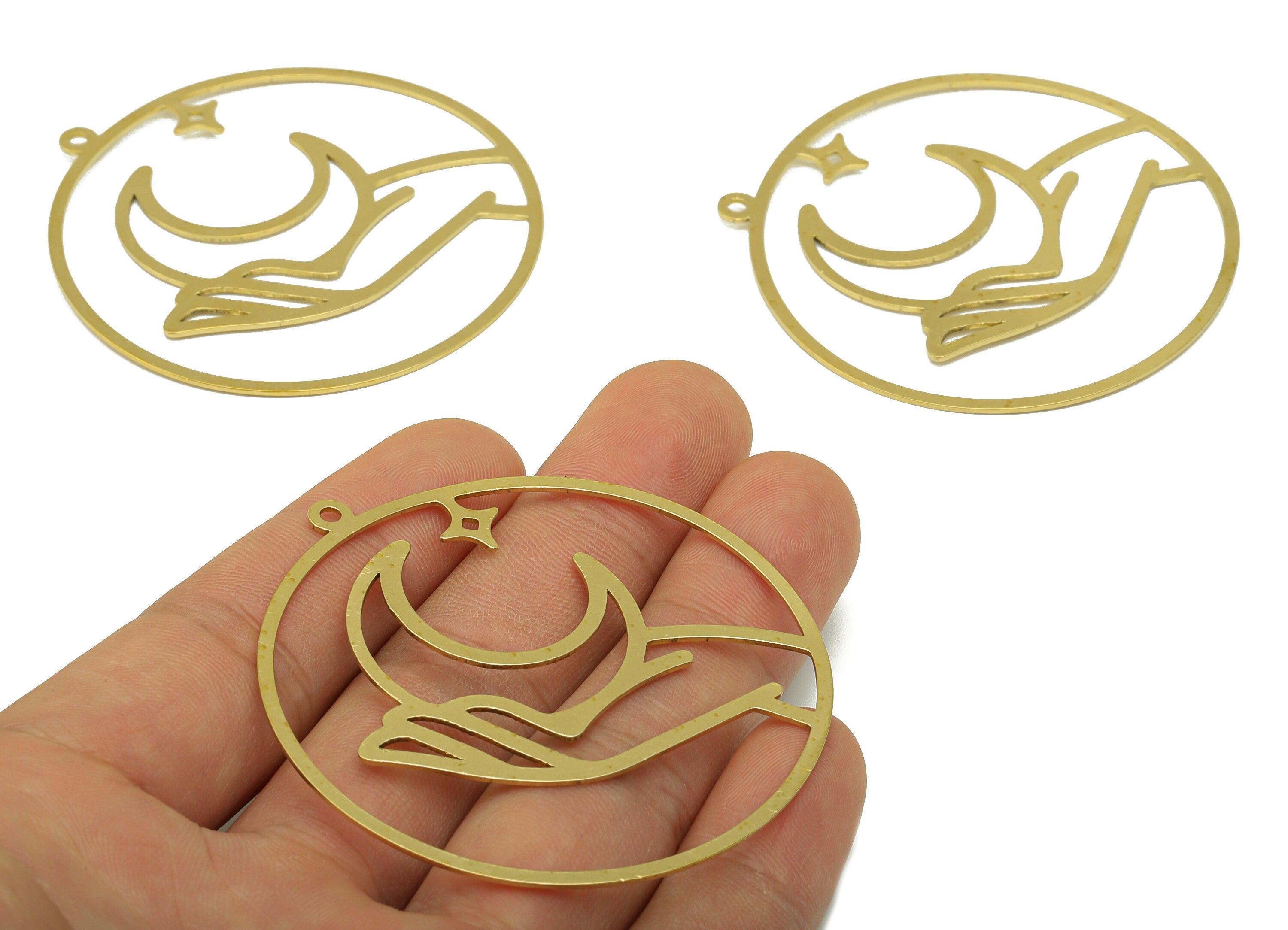 Brass Round Earring - Brass Hand Crescent Laser Cut Pendant - Brass Star Earring Charm- For Necklace -Moon on The Hand - 60x56x1mm- PP8520 - DOMEDBAZAAR