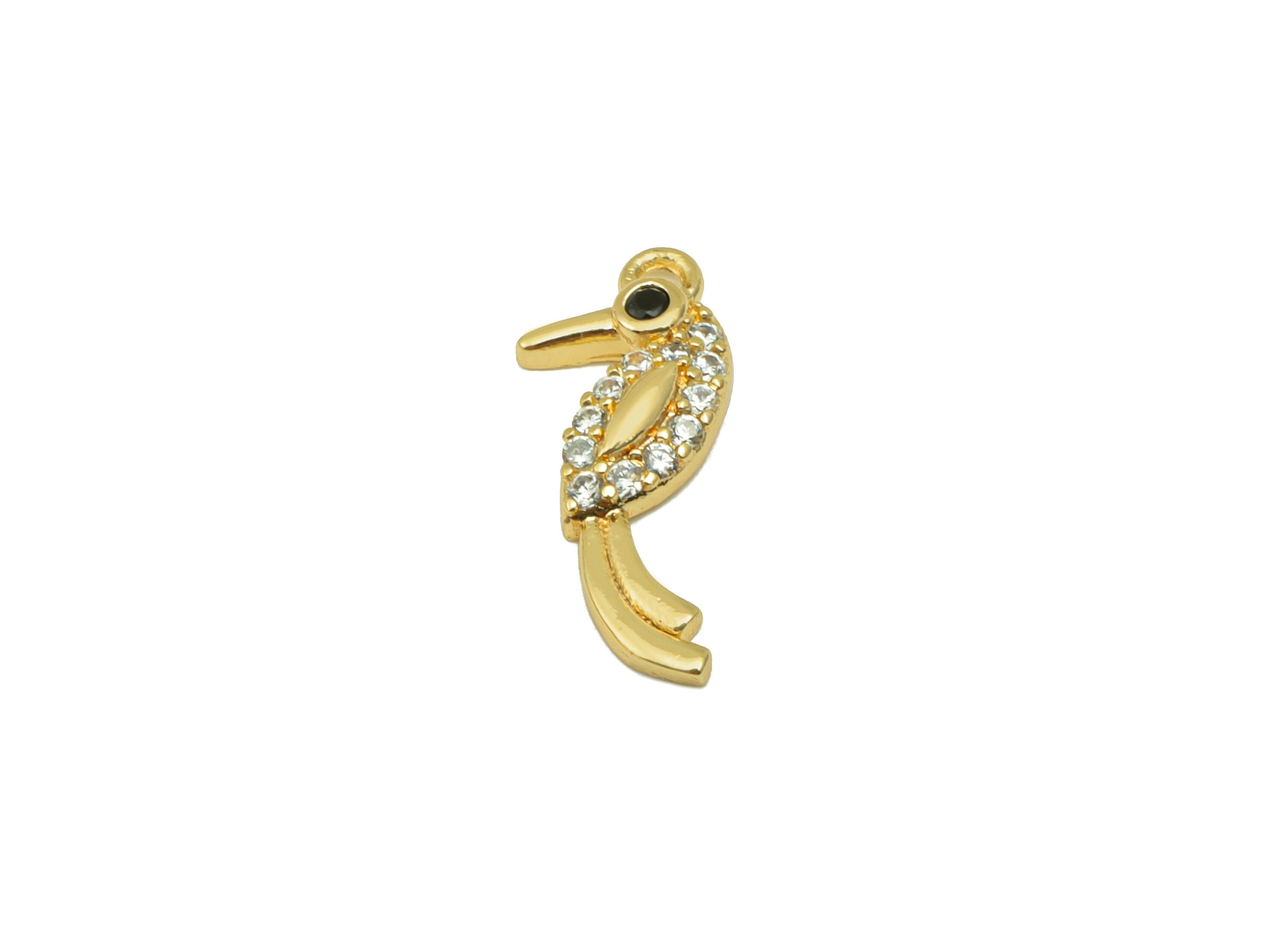 Brass Bird Earring Charm - Woodpecker Cubic Zircon Charm - Mini Seahorse CZ Pendant - For Necklace - 18K Real Gold Plated -17x7x2mm-RGP4092 - DOMEDBAZAAR