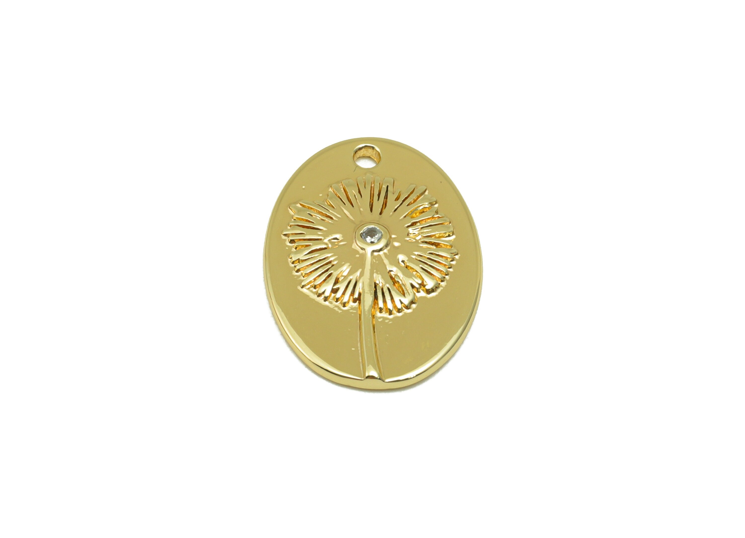 Brass Ellipse Earring Charm -Brass Flower Zircon Charm - Dandelion Oval CZ Pendant - For Necklace - 18K Real Gold Plated -18x13x2mm-RGP3375 - DOMEDBAZAAR